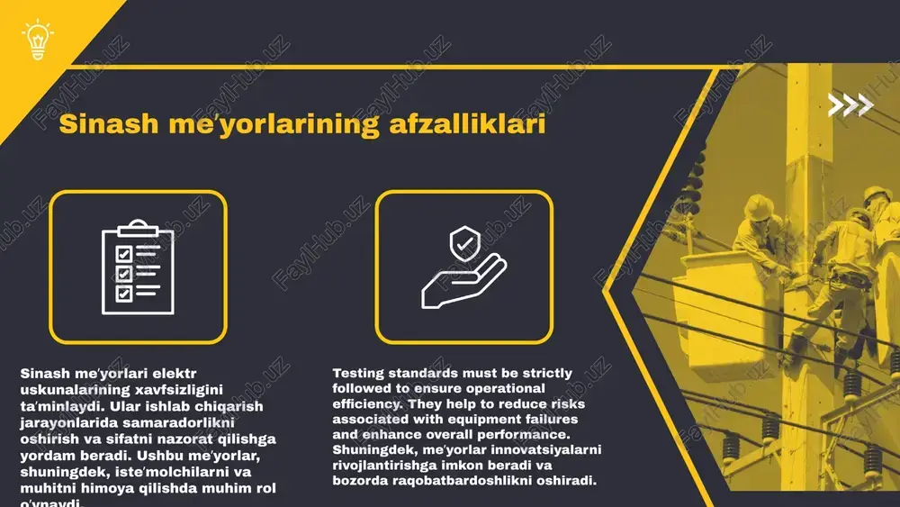 matori kuchlanishni o'lchashda ishlatiladi. u yuqori kuchlanishli elektr tarmog'ida kuchlanishni kamaytiradi, bu esa o'lchov asboblariga xavfsiz va qulay sharoit yaratadi. 4. **tizim tahlilchisi**: tizim tahlilchisi - bu elektr tizimlarining samaradorligini baholash uchun ishlatiladigan asbob. u energiya iste'moli, kuchlanish va tokni tahlil qiladi, shuningdek, tizimning ishlashini yaxshilash uchun tavsiyalar beradi. photo by joe holland on unsplash meʼyorlarning ahamiyati elektr uskunalari sinash meʼyorlari sanoatda muhim rol o'ynaydi. ular ishlab chiqarish jarayonlarida xavfsizlikni taʼminlash, uskunalarning ishonchliligini oshirish va mijozlar uchun sifatli xizmat ko'rsatishni kafolatlaydi. meʼyorlar yordamida elektr uskunalarining xavfsiz ishlashi uchun zarur bo'lgan standartlar belgilangan bo'lib, bu esa avariyalar va zararlanishlardan himoya qiladi. shuningdek, meʼyorlar uskunalarning sifatini oshirishga yordam beradi, bu esa korxonalar uchun iqtisodiy foyda keltiradi va raqobatbardoshligini oshiradi. photo by scott blake on unsplash sinash jarayonlari tushunchalari sinash jarayonlari - bu mahsulotlarning yoki uskunalarning sifatini, ishonchliligini va xavfsizligini baholash uchun muhim jarayonlardir. ularning asosiy maqsadi, avvalo, mahsulotlarning talablarni qondirishini ta'minlashdir. sinash …