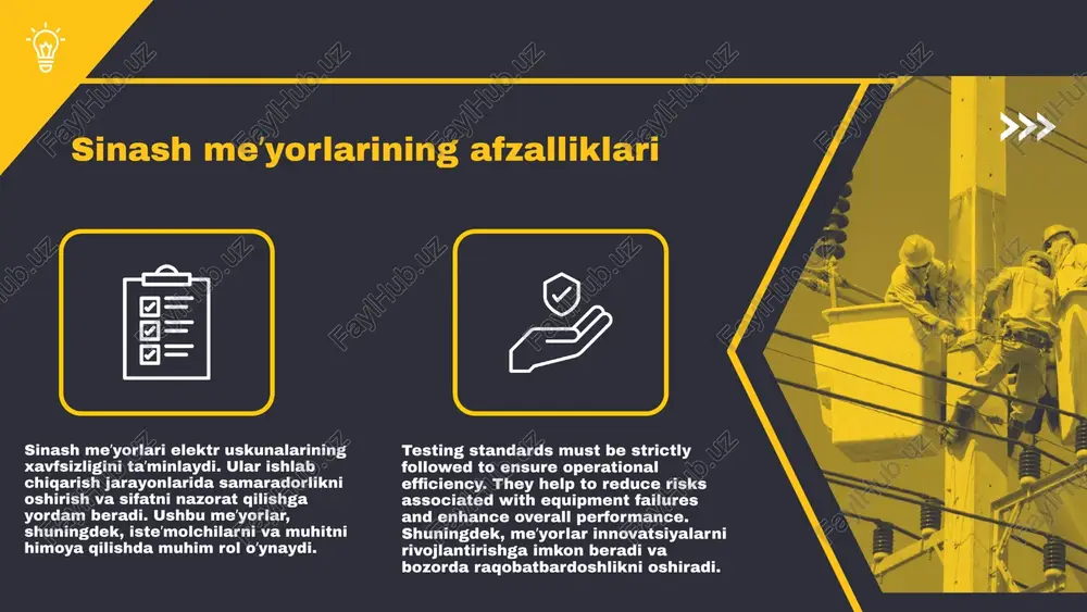 uzluksizligini va mustahkamligini o'lchaydi. 3. **o'lchov transformatori**: o'lchov transformatori kuchlanishni o'lchashda ishlatiladi. u yuqori kuchlanishli elektr tarmog'ida kuchlanishni kamaytiradi, bu esa o'lchov asboblariga xavfsiz va qulay sharoit yaratadi. 4. **tizim tahlilchisi**: tizim tahlilchisi - bu elektr tizimlarining samaradorligini baholash uchun ishlatiladigan asbob. u energiya iste'moli, kuchlanish va tokni tahlil qiladi, shuningdek, tizimning ishlashini yaxshilash uchun tavsiyalar beradi. photo by joe holland on unsplash meʼyorlarning ahamiyati elektr uskunalari sinash meʼyorlari sanoatda muhim rol o'ynaydi. ular ishlab chiqarish jarayonlarida xavfsizlikni taʼminlash, uskunalarning ishonchliligini oshirish va mijozlar uchun sifatli xizmat ko'rsatishni kafolatlaydi. meʼyorlar yordamida elektr uskunalarining xavfsiz ishlashi uchun zarur bo'lgan standartlar belgilangan bo'lib, bu esa avariyalar va zararlanishlardan himoya qiladi. shuningdek, meʼyorlar uskunalarning sifatini oshirishga yordam beradi, bu esa korxonalar uchun iqtisodiy foyda keltiradi va raqobatbardoshligini oshiradi. photo by scott blake on unsplash sinash jarayonlari tushunchalari sinash jarayonlari - bu mahsulotlarning yoki uskunalarning sifatini, ishonchliligini va xavfsizligini baholash uchun muhim jarayonlardir. ularning …
