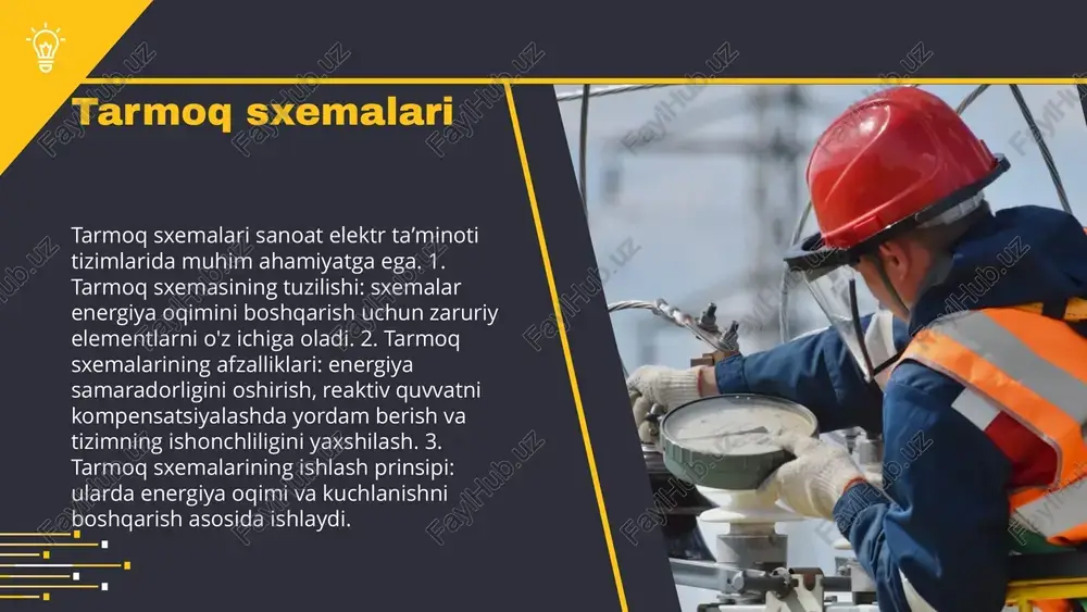ik toza texnologiyalarni joriy etish. 4. sanoat korxonalarida amaliyot - reaktiv quvvatni kompensatsiyalash usullari va ularning samaradorligi. photo by joe holland on unsplash yoritish tizimlarining energiya samaradorligi ularning ish jarayonining sifatini belgilaydi. ishchi va favqulotda yoritish tizimlari o'rtasidagi farq shundaki, favqulotda yoritish tizimlari xavfsizlikni ta'minlash uchun maxsus shartlarga ega. sanoat korxonalarida yoritish tizimlari muhim rol o'ynaydi, chunki ular ishchilar uchun qulay sharoitlar yaratadi va ishlab chiqarish samaradorligini oshiradi. ular energiya resurslarining samarali foydalanishini ta'minlaydi. sanoat korxonalarida yoritish tizimlarining roli yoritish tizimlarining energiya samaradorligi ishchi yoritish tizimlari ishchi yoritish tizimlari, ish joylarida xavfsizlik va samaradorlikni taʼminlash maqsadida yaratilgan. ular quyidagi asosiy xususiyatlarga ega: - yoritish darajasi: 300-1000 laks. - energiya samaradorligi: led texnologiyasi. - ergonomik dizayn: ishchilarning qulayligi uchun moʻljallangan. - har xil qoʻllanilish: sanoat, ofis va omborlarda ishlatiladi. misollar: ishlab chiqarish korxonalari, omborlar va laboratoriyalar. photo by fré sonneveld on unsplash favqulotda yoritish tizimlari favqulotda yoritish tizimlari, favqulot holatlarda xavfsizlikni …