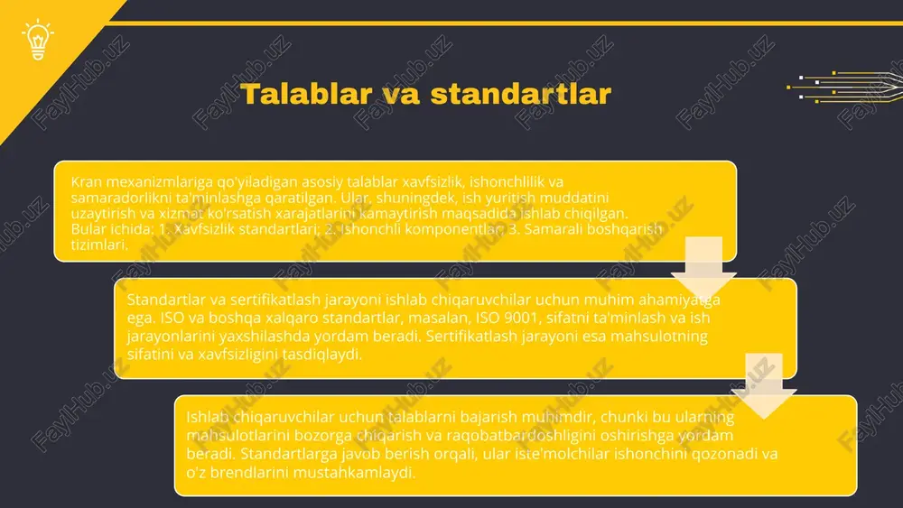 mexanizmlarida innovatsiyalar - kran mexanizmlarining rivojlanishi so‘nggi yillarda yangi texnologiyalar va uskunalar orqali tez sur’atlar bilan amalga oshmoqda. - yangi avlod kranlari avtomatlashtirilgan boshqaruv tizimlari va sensorlar yordamida yanada samarali ishlash imkoniyatini taqdim etmoqda. - innovatsion yondashuvlar sifatida 3d bosib chiqarish va iot (internet of things) texnologiyalaridan foydalanish misollari keltirilishi mumkin. bunday innovatsiyalar ish unumdorligini oshirishga, xavfsizlikni ta'minlashga va xarajatlarni kamaytirishga yordam beradi. photo by american public power association on unsplash raqobatbardosh afzalliklar - innovatsiyalar orqali raqobatbardoshlikni oshirish. - mijozlarga xizmat ko'rsatish sifatini yaxshilash. - kelajakda bozor talablariga moslik. - kran mexanizmlarini rivojlantirishda zamonaviy texnologiyalarni qo'llash. - raqobatbardosh afzalliklar yaratish uchun samarali boshqaruv tizimlarini joriy etish. innovatsion yechimlar va standartlar - kran mexanizmlari uchun standartlarga mos innovatsiyalar ishlab chiqish jarayoni muhim ahamiyatga ega. - innovatsion yechimlar ishlab chiqish jarayoni talablar asosida amalga oshiriladi, bu esa samaradorlikni oshiradi. - misollar sifatida, avtomatlashtirilgan tizimlar va sensorli texnologiyalar keltirilishi mumkin, bu esa ish …
