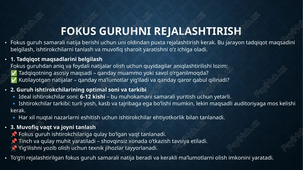 k. 🔹 agar suhbat chetga chiqsa, mavzuga qaytarish lozim. 🔹 guruhdagi barcha a’zolar teng ishtirok etishi uchun so‘z navbati adolatli taqsimlanadi. 3. suhbatni to‘g‘ri yo‘naltirish 📌 muhokama aniq va rejalashtirilgan savollar asosida olib boriladi. 📌 zarur bo‘lsa, qo‘shimcha savollar bilan ishtirokchilar chuqurroq fikr bildirishga undaladi. 📌 har xil nuqtai nazarlar hurmat bilan tinglanadi va umumiy xulosalar chiqariladi. yaxshi tashkil etilgan fokus guruh natijalari muhim qarorlar qabul qilish uchun mustahkam asos yaratadi. fokus guruhni yozib olish va kuzatish fokus guruh jarayonini yozib olish va kuzatish natijalarning aniq va ishonchli bo‘lishiga yordam beradi. bu usul tadqiqot natijalarini chuqur tahlil qilish va muhim ma’lumotlarni yo‘qotmaslik imkonini beradi. 1. audio va video yozuvlarning ahamiyati ✅ muhokama jarayonini qayta eshitish va chuqur tahlil qilish imkonini beradi. ✅ ishtirokchilarning aniq so‘zlarini va fikrlarini saqlab qolishga yordam beradi. ✅ subyektiv talqindan qochish va ishonchli natijalar olishni ta’minlaydi. 2. yozib olish usullari va etika qoidalari 🔹 ishtirokchilardan yozib …