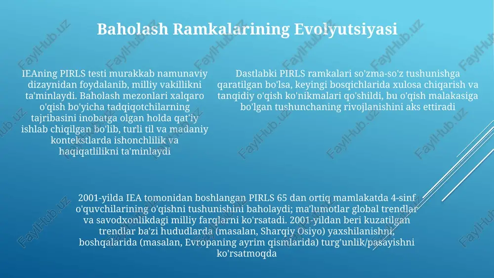 va natijalarni tarqatish pirls xalqaro tadqiqot markazi (boston kolleji), milliy tadqiqot markazlari va ilmiy jurnallardagi nashrlar orqali tarqatilgan ma'lumotlar; ma'lumotlarga 50 dan ortiq mamlakatlarda o'quvchilarning yutuqlari, maktab konteksti omillari (masalan, o'qituvchilarning malakasi, resurslari) va o'qish savodxonligiga ta'sir ko'rsatuvchi o'quvchilarning orqa fon o'zgaruvchilari kiradi. 2001-yilda boshlangan pirls 60 ga yaqin mamlakatda 4-sinf o'quvchilarining o'qishni tushunishini baholaydi; ma'lumotlar hisobotlar, xalqaro ma'lumotlar bazalari (masalan, iea data portal) va 2001-yildan beri tendentsiyalar tahlilini taqdim etadigan milliy hisobotlar orqali tarqatiladi. hisobotlar ishtirok etgan davlatlarning o'qish natijalarini, kuchli va kuchsiz tomonlarini ta'kidlab, ko'rsatadi; 2001, 2006, 2011, 2016, 2021 yillardagi tendentsiyalar tahlil qilinib, xalqaro taqqoslash va sharqiy osiyo, yevropa va lotin amerikasi kabi hududlardagi ta'lim siyosatiga yo'nalish beradi. pirlsning kelajak yo'nalishlari kelgusi pirls tadqiqotlari turli hududlardagi (masalan, lotin amerikasi, sharqiy osiyo) o'qishni tushunishga ijtimoiy-iqtisodiy omillar ta'sirini va turli ta'lim tizimlarida (aqsh, buyuk britaniya, avstraliya) texnologiyaning o'qish odatlari va tushunish darajasiga ta'sirini o'rganishga qaratilishi mumkin pirls, 1991-yilda iea …