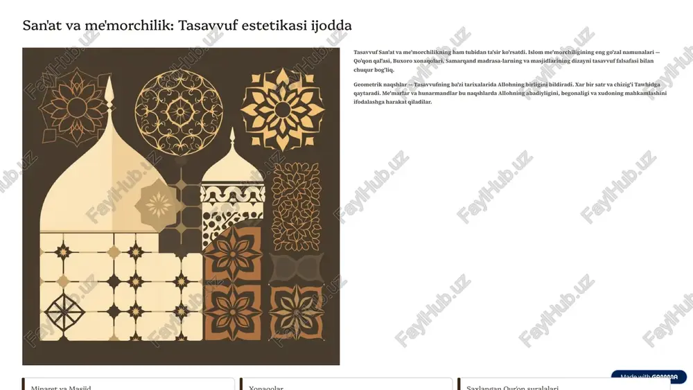 lish vositasi sifatida ko'rdilar. ibn sina — tibbiyot, falsafa va tasavvufning birligi. al-qazali — ilm, falsafa va tasavvuf orasida bog'lanish qurdi. al-farabi — matematika va mantiqni tasavvuf falsafasiga bog'ladi. astronomiya tasavvufchilar osmon sayyoralarini o'rganishda allohning buyukligi va abadiyligini isbotlashga harakat qildilar. omar hayom kabi tasavvufchilar-olimlar astronomiya orqali allohning sanoating isbotladilar. matematika tasavvuf bo'lsa, geometriya va raqamlar allohning abadiy nizam-tartibini ko'rsatadi. "hikmat-ul-harf" — harf va raqamlarning sirli ma'noları sharq madaniyatini shakllantirishda o'rin oldi. tibbiyot tasavvufchilar tibbiyotni faqat jismani o'rganish emas, balki qalbni va ruhni toza qilishning usuli sifatida ko'rdilar. ruhiy bu yuqori davlati tibbiyotning muhim jihati bo'lar edi. tasavvuf fanninomni "allohning nishonlarini o'qish" sifatida ko'rdi. ko'pgina sharq olimlarining asarlarida tasavvuf falsafasi va ilmiy izlanish qo'lda qo'l tutishib ketgan. 8 tasavvufning bugungi kundagi ahamiyati va o'rni xxi asr modernadagi sharq madaniyatida tasavvuf yangi ma'noga ega bo'ldi. teknologiya va globallashtirish davrida, odamlar ma'naviy va axloqiy yo'lnamamaga izlanadi. tasavvuf bu ehtiyojning javobidir. ruhiy krizisnng …