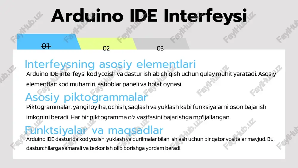 am juda muhimdir. amaliy misollar arduino ide dasturlash jarayoni amaliy misollar yordamida oson tushuniladi. dastur tuzish, kod yozish va qurilma bilan bog'lanish jarayonlari orqali misollar keltiriladi. bu misollar orqali o'quvchilar dasturlash asoslarini o'zlashtiradilar. dasturlash jarayoniga kirish arduino ide bilan ishlashda turli qurilmalar bilan aloqa o'rnatish muhimdir. misol uchun, led chiroqni yoqish va o'chirish, sensorlardan ma'lumot olish kabi amaliy misollar keltirilishi mumkin. qurilmalar bilan aloqa photo by christin hume on unsplash arduino ide dasturining tanishtiruvi arduino ide dasturi, arduino platformasida dasturlash uchun mo'ljallangan qulay muhitdir. u ochiq manba bo'lib, foydalanuvchilarga o'z dasturlarini yozish, tahrirlash va yuklash imkonini beradi. dastur c/c++ dasturlash tillaridan foydalanadi. foydalanuvchilar osonlik bilan kod yozishlari mumkin va arduino taxtalari bilan ulanish uchun turli xil kutubxonalar mavjud. arduino ide dan foydalanishning afzalliklari: 1. oson interfeys, 2. tez prototiplash imkoniyati, 3. keng jamoa va resurslar bilan qo'llab-quvvatlash. bu dastur loyihalarni tezda amalga oshirish imkonini beradi. arduino ide bilan loyihalar yaratish …