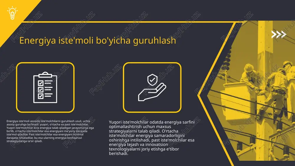 zimlarini joriy etish, shuningdek, energiya samaradorligini oshirish bo'yicha xodimlarni o'qitish muhim ahamiyatga ega. strategik rejalashtirish orqali ushbu tavsiyalarni amalga oshirish energiya iste'molini optimallashtirish va xarajatlarni kamaytirishga yordam beradi. photo by josh olalde on unsplash guruhlashning iqtisodiy foydalari guruhlash orqali sanoat korxonalarida elektr energiya iste'molchilarining birlashtirilishi, iqtisodiy jihatdan bir qator foydalar keltiradi. bunda, energiya sarfini 20% ga kamaytirish mumkin, bu esa energiya tejamkorlik texnologiyalarini joriy etish orqali amalga oshiriladi. masalan, 2020 yilda o‘zbekiston sanoatida energiya iste'molining 15% ga kamayishi bu strategiyaning muvaffaqiyatini ko'rsatadi. guruhlash, shuningdek, energiya xarajatlarini optimallashtirish, umumiy investitsiya xarajatlarini kamaytirish va barqaror energiya ta'minotini ta'minlashda yordam beradi. photo by scott blake on unsplash energiya sarfi va guruhlash sanoat korxonalarida energiya iste'molchilarini guruhlash bir necha usullar bilan amalga oshiriladi. ushbu usullar energiya sarfini kamaytirish maqsadida iste'molchilarni bir necha guruhlarga ajratib, ularning energiya iste'molini tahlil qilishga imkon beradi. guruhlash usullari orasida, masalan, iste'molchilarni energiya sarfi bo'yicha tasniflash, energiya iste'molining o'ziga xos …