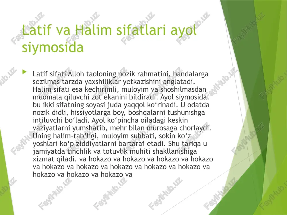 ning mutlaq pok, har qanday nuqsondan yiroq zot ekanini bildiradi. bandalar bu darajaga yetolmasalar-da, poklikka intilish orqali bu sifatning jilolaridan bahra oladilar. ayolning hayo-saodati, odob-axloqi, libosidagi or-nomusi, uyini va atrofini pok tutishi quddus sifatidan saboq olganini ko‘rsatadi. u gunohlardan uzoq yurishga, farzandlarini ham halol-haromni ajratishga o‘rgatadi. ayol tilini g‘iybatdan, ko‘zini harom manzaradan, qalbini hasad va kibrdan asrashga intilgani sari ruhiy poklik ortadi. bu holat oilada ma’naviy muhitni mustahkamlaydi, alloh roziligiga yo‘l ochadi. va hokazo va hokazo va hokazo va hokazo va hokazo va hokazo va hokazo va hokazo va hokazo va hokazo va hokazo va hokazo va ayol – tarbiyachi va murabbiya sifatida ayol ko‘pincha jamiyatning eng muhim tarbiyachisi va murabbiyasi sifatida tilga olinadi. chunki farzand birinchi so‘zini, birinchi odatini, birinchi duosini onadan o‘rganadi. ayolning iymoni qanday bo‘lsa, ko‘p jihatdan bola qalbiga ham shunday rang singadi. u qizlariga hayo, o‘g‘illariga mas’uliyat hissini o‘rgatadi, oilada mehr-muruvvat, adolat va saxovat kabi fazilatlarni …