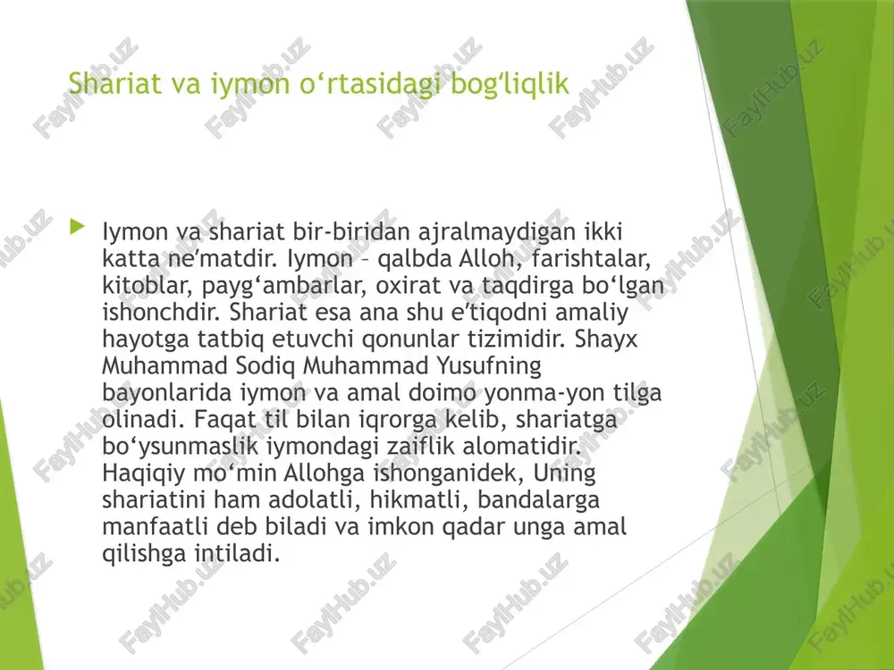 adi. xulosa: shariat – saodat yo‘li xulosa qilib aytganda, shariat – musulmonning bu dunyo va oxirat saodati uchun zarur bo‘lgan ilohiy yo‘ldir. u iymonni mustahkamlaydi, ibodatlarni tartibga soladi, axloqni go‘zallashtiradi, oilani va jamiyatni asraydi. shayx muhammad sodiq muhammad yusuf hazratlarining “iymon” kitobi shariatga bo‘lgan eʼtiqodni yangilash, uni sevib, ongli ravishda amal qilishga daʼvat etadi. har bir mo‘min o‘z hayotini qurʼon va sahih sunnatga, ulamolar izohlagan shariat mezonlariga moslashga harakat qilsa, allohning roziligi va haqiqiy baxtga yaqinlashadi, inshaalloh. /docprops/thumbnail.jpeg