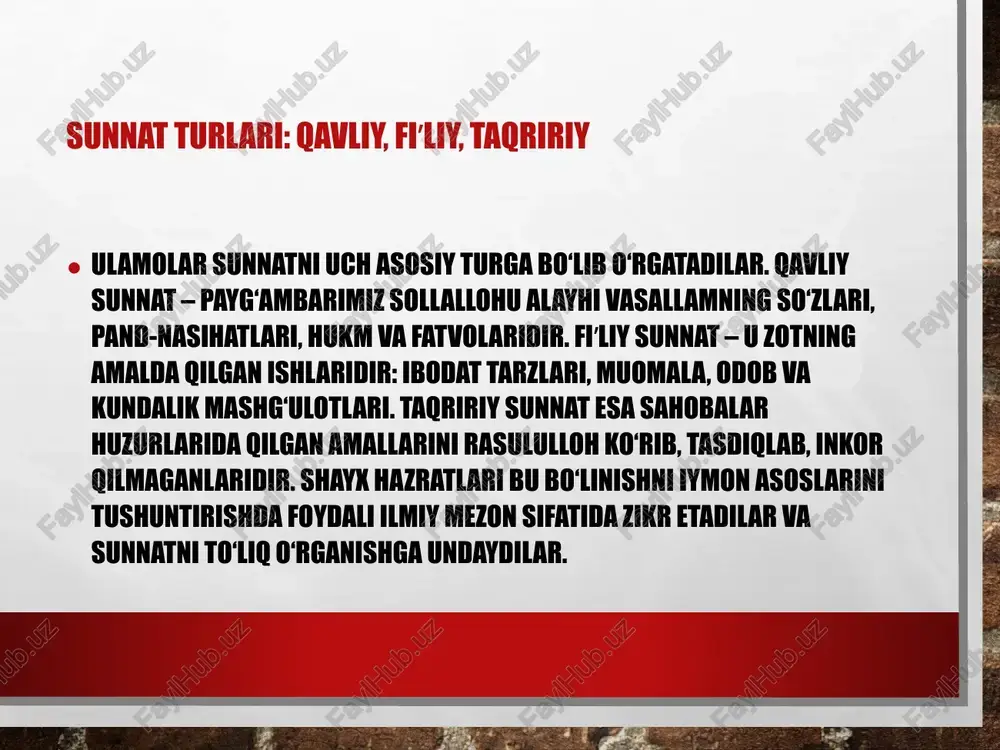 nnat musulmonning shaxsiy hayoti ham, oilasi, jamiyatdagi tutumi, hatto fikrlash uslubigacha yo‘naltiruvchi nur sifatida talqin etiladi. xulosa: sunnat – najot yo‘li xulosa qilib aytganda, sunnat – iymonimizni mustahkamlovchi, ibodatlarimizni chiroyli qiluvchi va hayotimizni maʼnaviy jihatdan boyituvchi ilohiy yo‘ldir. qurʼon – bizning eʼtiqod asosimiz, sunnat esa uni hayotga tatbiq etish qo‘llanmasidir. shayx muhammad sodiq muhammad yusuf hazratlarining “iymon” kitobi va boshqa asarlari musulmonlarga aynan shu haqiqatni sodda va tushunarli tarzda eslatadi. har bir mo‘min imkon qadar sunnatni o‘rganib, o‘zida va oilasida tiriltirishga harakat qilsa, bu, inshaalloh, dunyo va oxirat najotiga sabab bo‘ladi. image3.jpg /docprops/thumbnail.jpeg