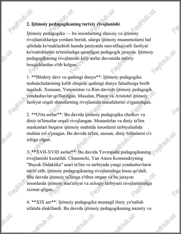 iyatiga asoslanadi. bu sohada pedagoglar yordamga muhtoj oilalar, bolalar va yoshlar bilan katta ish olib boradilar. masalan, ular ijtimoiy himoyaga muhtoj bolalarning ta’lim olishi uchun sharoitlar yaratadi, yetim bolalarni qo‘llab-quvvatlaydi, va ularning hayotiy imkoniyatlarini kengaytirishga hissa qo‘shadi. shuningdek, ijtimoiy pedagogikaning muhim qismi sifatida amaliy dasturlar bilan nazariy bilimlarni birlashtirish usullari o‘rganiladi. bu fan sohasida teoretik bilimlar amaliyotda qo‘llanilishi va har xil ijtimoiy tarmoqlar bilan hamkorlikda samarali loyihalarni amalga oshirish masalalari yoritiladi. shunday loyihalar orqali ijtimoiy-iqtisodiy muammolarni hal etish, ta’lim va ijtimoiy hissiyotni rivojlantirish va innovatsion yondashuvlarni tatbiq etish mumkin. ijtimoiy pedagogika, shuningdek, jamiyatning turli qatlamlari o‘rtasidagi ijtimoiy tenglik va kelishuvni ta’minlash borasida muhim rol o‘ynaydi. bu fan shaxsiy va jamoaviy rivojlanish jarayonlarida ijtimoiy adolat va barqarorlik prinsiplarini qo‘llashda yordam beradi. shu tufayli, ijtimoiy pedagogikaning nazariy asoslari jamiyatdagi barcha shaxslarni bir bo‘lib, ijtimoiy barqarorlik va hamkorlikni yo‘lga qo‘yishga jalb etadi. ijtimoiy pedagogikaning ahamiyati uning xususiyatlaridan kelib chiqib aniqlanadi. bu sohada ijtimoiy …
