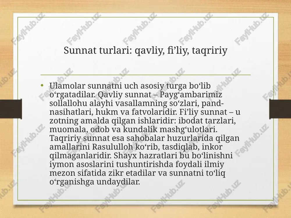 mas, balki iymon, maʼrifat va odob tizimidir. asarlarida har bir mavzuni avval aqidaviy asos bilan bog‘lab, so‘ngra sunnatdagi amaliy misollarni keltiradilar. shunday qilib, sunnat musulmonning shaxsiy hayoti ham, oilasi, jamiyatdagi tutumi, hatto fikrlash uslubigacha yo‘naltiruvchi nur sifatida talqin etiladi. xulosa: sunnat – najot yo‘li xulosa qilib aytganda, sunnat – iymonimizni mustahkamlovchi, ibodatlarimizni chiroyli qiluvchi va hayotimizni maʼnaviy jihatdan boyituvchi ilohiy yo‘ldir. qurʼon – bizning eʼtiqod asosimiz, sunnat esa uni hayotga tatbiq etish qo‘llanmasidir. shayx muhammad sodiq muhammad yusuf hazratlarining “iymon” kitobi va boshqa asarlari musulmonlarga aynan shu haqiqatni sodda va tushunarli tarzda eslatadi. har bir mo‘min imkon qadar sunnatni o‘rganib, o‘zida va oilasida tiriltirishga harakat qilsa, bu, inshaalloh, dunyo va oxirat najotiga sabab bo‘ladi. image3.png image4.png /docprops/thumbnail.jpeg