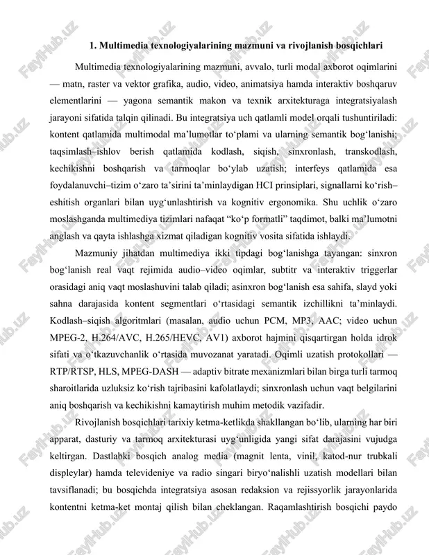ksion va rejissyorlik jarayonlarida kontentni ketma-ket montaj qilish bilan cheklangan. raqamlashtirish bosqichi paydo bo‘lgach, cd-rom va dvd tashuvchilarda o‘rnatilgan interaktiv menyular, 640×480 va 720×576 piksellik video formatlari hamda dastlabki kodeklar multimediya qo‘llanmalari, ensiklopediyalar va o‘quv disklarining ommalashuviga zamin yaratdi; shu bilan birga, grafik–audio–matn komponentlari dasturiy bog‘lamlar orqali bitta paketga jamlana boshladi. veb 1.0 va 2.0 trabeksiyasi bilan multimediya brauzer muhitiga ko‘chdi. dastlab plaginlarga tayanuvchi texnologiyalar (macromedia/adobe flash, silverlight) interaktiv animatsiya va o‘yinlarni ommalashtirdi, biroq xavfsizlik, resurs iste’moli va moslik muammolari ularning hayotiy siklini chekladi. html5 standarti, va teglarining joriy etilishi, canvas/webgl kabi api’lar, shuningdek, javascript asosidagi media kutubxonalar plaginlarsiz veb-multimediya arxitekturasini normaga aylantirdi. shu davrda kontentni yetkazib berish tarmoqlari (cdn), kesh strategiyalari va adaptiv oqimlar global auditoriyaga xizmat ko‘rsatish sifatini oshirdi. mobil va ijtimoiy platformalar bosqichi multimediya ekotizimiga sensorli interfeys, giroskop–akselerometrdan keluvchi kontekstual signallar, kameralar va yuqori aniqlikdagi ekranlar orqali yangi o‘lcham qo‘shdi. mobil ilovalar do‘konlari, qisqa formatli video va …