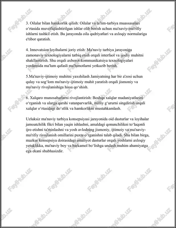 amal qiladigan va jamiyatda xulqi bilan ijobiy misol bo‘ladigan shaxslarni tarbiyalashdir. o'zbekiston sharoitida oila ma'naviy tarbiyaning birlamchi muhitini yaratadi va bu jarayonda bir qator vazifalari mavjud. birinchidan, maqsadlar orasida shaxsning ma'naviy va axloqiy qadriyatlarni shakllantirish turadi. bu qadriyatlar milliy an'analarga, xalqning ma'naviy merosiga asoslanishi kerak. o'zbek millatiga xos mehnatkashlik, hurmat, yordam ko‘rsata olish kabi xususiyatlar oila muhitida rivojlantiriladi. ikkinchidan, oila jamiyatning asosiy birligi sifatida, farzandlarni vatanga sadoqat ruhida tarbiyalash majburiyatiga egadir. vatanparvarlik tuyg'usi o'z tarixini, madaniyatini, milliy tilni sevish, qadrlash orqali rivojlantiriladi. bu esa o'z navbatida xalqning tarixiy xotirasini saqlashda muhim rol o'ynaydi. uchinchidan, ma'naviy tarbiyadagi vazifalardan biri, ijtimoiy xulqni shakllantirishdir. bu jarayonda shaxsning boshqalarga nisbatan muomala madaniyati, xushmuomilalik, odob-axloq qoidalariga rioya qilish ko'nikmalari rivojlantiriladi. yosh avlodlar orasida o'zaro hurmat, hamjihatlik va bir-biriga yordam berish kabi xislatlarni tarbiyalash xalqning insoniy munosabatlarini mustahkamlashda muhimdir. to'rtinchidan, muttasil ta’lim va ma'naviy o'sish uchun sharoit yaratishdir. oila farzandlarining bilim olishiga, qiziqishlari va intilishlarini qo'llab-quvvatlagan …