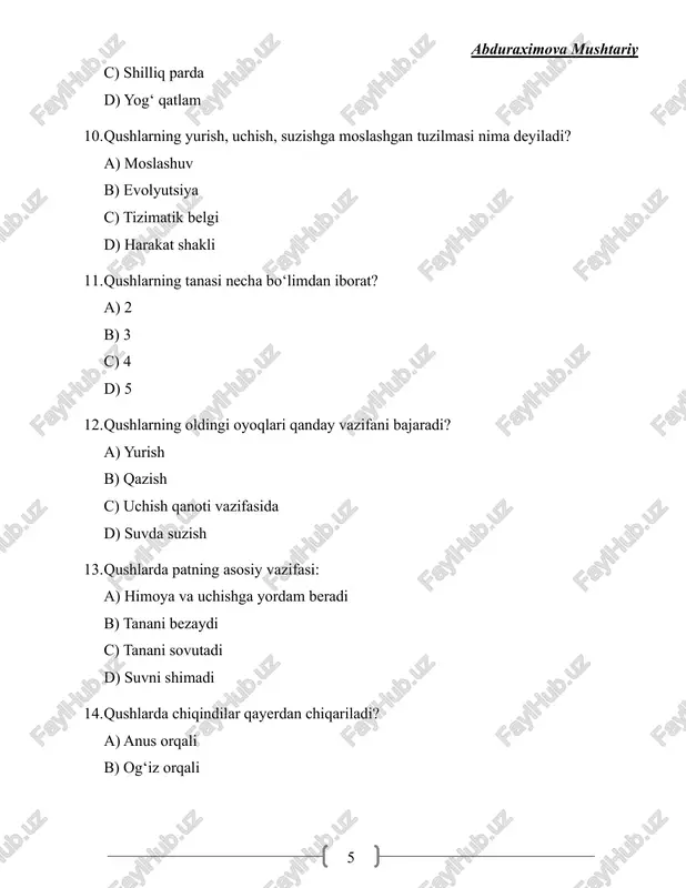 sutemizuvchilar c) qushlar d) baliqlar 40. sutemizuvchilar qanday ko‘payadi? a) tuxum qo‘yib, tuxumdan chiqadi b) tirik tug‘adi, bolalarini suti bilan boqadi c) bo‘linish orqali d) parazit tarzda 41. yarasa qanday sutemizuvchi? a) quruqlikda yashovchi b) ucha oladigan c) suvda suzuvchi d) yer ostida yashovchi 42. delfin qanday sutemizuvchi? a) suvda yashovchi b) quruqlikda yashovchi c) uchuvchi d) yer ostida yashovchi 43. qaysi sutemizuvchi qish uyqusiga ketadi? a) fil b) ayig‘ c) ot d) sigir abduraximova mushtariy 12 44. sutemizuvchilarning asosiy farqi: a) ular patli b) ular tirik tug‘adi va suti bilan boqadi c) ular tuxum qo‘yadi d) ular suzadi 45. sutemizuvchilarning qon aylanish tizimi qanday? a) ikki aylanishli, to‘liq b) bir aylanishli c) to‘liq emas d) aralash 46. sutemizuvchilarning terisi qanday tuzilgan? a) faqat teri b) teri, ter bezlari, yog‘ bezlari va jun c) pat d) shilliq parda 47. sutemizuvchilarning ko‘pchiligi qanday yashaydi? a) suvda b) quruqlikda c) yer ostida …