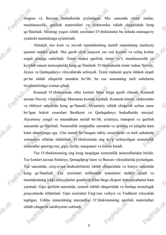 a ahamiyatga ega. ular metall bo‘lmagan tabiiy resurslardir va turli sohalarda xomashyo sifatida ishlatiladi. oʻzbekistonda eng ko‘p uchraydigan nometallik minerallar qatoriga tuz, gips, fosfat, marganets va kaolin kiradi. tuz oʻzbekistonning eng keng tarqalgan nometallik minerallaridan biridir. tuz konlari asosan sirdaryo, qoraqalpogʻiston va buxoro viloyatlarida joylashgan. tuz sanoatida, oziq-ovqat mahsulotlarini ishlab chiqarishda va kimyo sanoatida keng qo‘llaniladi. tuz zaxiralari millionlab tonnalarni tashkil qiladi va mamlakatning ichki ehtiyojlarini qondirish bilan birga eksport imkoniyatlarini ham yaratadi. gips qurilish sanoatida, sement ishlab chiqarishda va boshqa texnologik jarayonlarda ishlatiladi. gips zaxiralari fargʻona vodiysi va toshkent viloyatida topilgan. ushbu mineralning mavjudligi oʻzbekistonning qurilish materiallari ishlab chiqarish salohiyatini oshiradi. fosfatlar qishloq xo‘jaligi uchun eng muhim mineral hisoblanadi, chunki ular o‘g‘it ishlab chiqarishda ishlatiladi. oʻzbekistonda fosfat konlari jizzax va namangan viloyatlarida joylashgan. fosfatlardan o‘g‘it ishlab chiqarish mamlakatning qishloq xo‘jaligi mahsulotlarini yuqori darajada yetishtirish imkonini beradi. marganets metallurgiya sanoatida, po‘lat ishlab chiqarishda qo‘llaniladi. oʻzbekistonda marganets zaxiralari fargʻona vodiysi hududlarida …