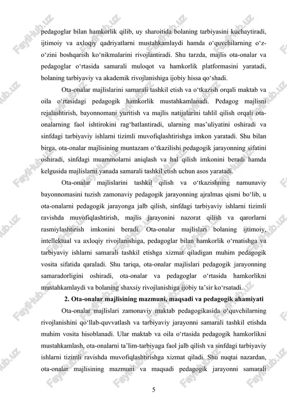 olarni aniqlash va hal qilish imkonini beradi hamda kelgusida majlislarni yanada samarali tashkil etish uchun asos yaratadi. ota-onalar majlislarini tashkil qilish va o‘tkazishning namunaviy bayonnomasini tuzish zamonaviy pedagogik jarayonning ajralmas qismi bo‘lib, u ota-onalarni pedagogik jarayonga jalb qilish, sinfdagi tarbiyaviy ishlarni tizimli ravishda muvofiqlashtirish, majlis jarayonini nazorat qilish va qarorlarni rasmiylashtirish imkonini beradi. ota-onalar majlislari bolaning ijtimoiy, intellektual va axloqiy rivojlanishiga, pedagoglar bilan hamkorlik o‘rnatishga va tarbiyaviy ishlarni samarali tashkil etishga xizmat qiladigan muhim pedagogik vosita sifatida qaraladi. shu tariqa, ota-onalar majlislari pedagogik jarayonning samaradorligini oshiradi, ota-onalar va pedagoglar o‘rtasida hamkorlikni mustahkamlaydi va bolaning shaxsiy rivojlanishiga ijobiy ta’sir ko‘rsatadi. 2. ota-onalar majlisining mazmuni, maqsadi va pedagogik ahamiyati ota-onalar majlislari zamonaviy maktab pedagogikasida o‘quvchilarning rivojlanishini qo‘llab-quvvatlash va tarbiyaviy jarayonni samarali tashkil etishda muhim vosita hisoblanadi. ular maktab va oila o‘rtasida pedagogik hamkorlikni mustahkamlash, ota-onalarni ta’lim-tarbiyaga faol jalb qilish va sinfdagi tarbiyaviy ishlarni tizimli ravishda muvofiqlashtirishga xizmat qiladi. shu nuqtai nazardan, ota-onalar …