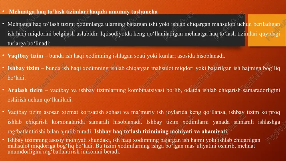 a, uning umumiy ish haqi 1 000 000 so‘mni tashkil etadi. agar progresiv tizim bo‘yicha 120 dona ishlab chiqarilganida qo‘shimcha 5% mukofot berilsa, umumiy maosh 1 260 000 so‘m bo‘ladi. mahsulot birligiga nisbatan ishbay narxlarni belgilash mahsulot birligiga nisbatan ishbay narxlarni belgilash quyidagi omillarga asoslanadi: mahsulot ishlab chiqarish jarayoni – mahsulot ishlab chiqarish murakkabligi va uning tannarxi inobatga olinadi. ishlab chiqarish quvvati – korxona imkoniyatlari va ishlab chiqarish hajmi asosida tariflar shakllantiriladi. mahsulot sifati – yuqori sifatli mahsulot ishlab chiqarish uchun qo‘shimcha rag‘batlantirish tizimi joriy qilinishi mumkin. mehnat unumdorligi va sifat ko‘rsatkichlari mehnat unumdorligi va sifat ko‘rsatkichlari ham ishbay narxlarning aniqlanishida muhim rol o‘ynaydi. yuqori mehnat unumdorligi kamroq vaqt ichida ko‘proq mahsulot ishlab chiqarish imkonini beradi va bu holat ishbay narxlar shakllanishiga bevosita ta’sir qiladi.masalan, avtomobil yig‘ish liniyasida bir ishchi kun davomida 10 ta avtomobil eshigini o‘rnatishi mumkin bo‘lsa, texnologiya yaxshilanib, unumdorlik oshsa, u kuniga 15 ta eshik o‘rnatishga muvaffaq …