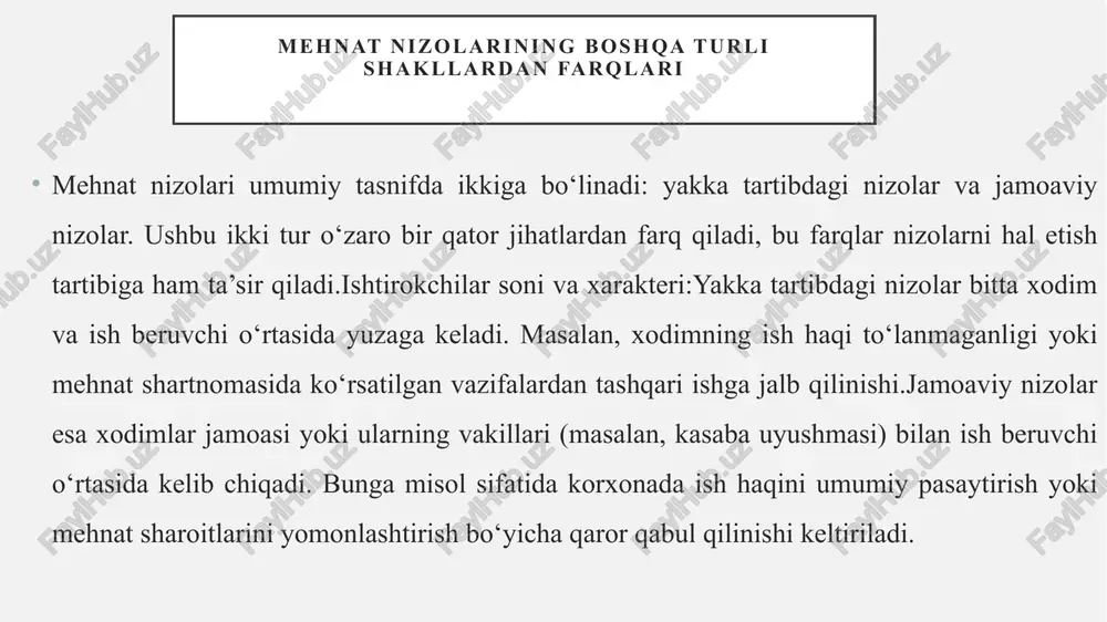 tomonidan ko‘rib chiqiladi. mnk korxona ichida tashkil etiladigan organ bo‘lib, unda ishchilar va ish beruvchi vakillari teng huquqli ravishda ishtirok etadi. komissiya nizoni 10 kun ichida ko‘rib chiqishi va qaror qabul qilishi lozim (mk, 267-modda). agar tomonlardan biri mnk qaroridan norozi bo‘lsa, u 10 kun ichida sudga murojaat qilish huquqiga ega.masalan, agar ishchi ishdan noqonuniy bo‘shatilgan deb hisoblasa, u avval mnkga murojaat qiladi. agar komissiya ish beruvchi foydasiga qaror chiqarsa, ishchi sudga da’vo arizasi bilan murojaat qilishi mumkin. bu tartib sud tizimining yukini kamaytirishga xizmat qiladi. yakka tartibdagi mehnat nizolarini hal qilishda ishlatiladigan usullar: mehnat nizolari har qanday tashkilotda yuzaga kelishi mumkin bo‘lgan muhim masalalardan biridir. yakka tartibdagi mehnat nizolari, ya’ni ishchi va ish beruvchi o‘rtasidagi individual kelishmovchiliklar, ko‘pincha mehnat shartnomasi shartlari, ish haqi, mehnat sharoitlari yoki ishdan bo‘shatish kabi masalalar bilan bog‘liq bo‘ladi. ushbu nizolarni hal qilishda turli usullar qo‘llaniladi, jumladan, mediasiya va boshqa murosaga keltirish usullari, muloqot va …