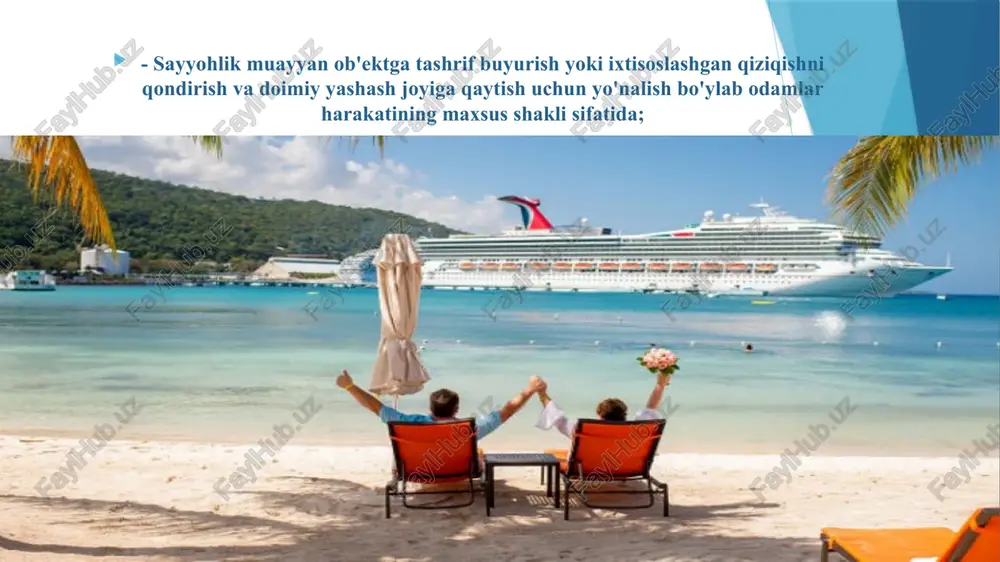 ga oshirishning maqsadli ko‘rsatkichlari t/r ko‘rsatkichlar nomi 2018-y. 2019-y. 2020-y. 2021-y. 2022-y. 2023-y. 2024-y. 2025-y. 1. o‘zbekistonga tashrif buyuradigan xorijiy turistlar soni (ming kishi) 4 800 5 889,9 6 302,2 6 743,3 7 282,8 7 865,4 8 494,7 9 089,3 2. turizm xizmatlari eksporti (mln aqsh dollari) 951 1 166,9 1 271,9 1 399,1 1 553 1 739,4 1 965,5 2 232,8 3. ichki turistlar soni (mingta tashrif) 14 000 15 640 17 230 18 806 20 317 21 867 23 404 25 010 4. mehmonxonalar va shu kabi joylashtirish vositalari soni (dona) 910 1 098 1609 2 394 2 562 2 715 2 851 2 994 5. joylashtirish vositalaridagi xonalar soni (ming) 22,0 24 33,7 48,7 52,1 55,2 58,0 60,9 6. joylashtirish vositalaridagi o‘rinlar soni (ming) 47,8 52,5 73,6 105,9 113,3 120,1 126,1 132,4 7. turoperatorlar soni (nafar) 957 1 053 1 158 1 262 1 325 1 458 …