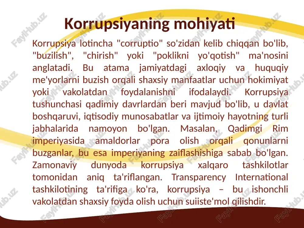 rategiyalarini ishlab chiqish mumkin bo‘ladi. ichki sharoitlar mamlakat ichidagi siyosiy, iqtisodiy va ijtimoiy jarayonlar bilan bog‘liq bo‘lsa, tashqi sharoitlar global tendensiyalar va xalqaro ta’sirlar bilan izohlanadi. quyida ushbu omillarni batafsil ko‘rib chiqamiz, har birini misollar bilan boyitamiz va ularning o‘zaro bog‘liqligini ochib beramiz. iqtisodiy islohotlarning sekinligi iqtisodiy islohotlarning sekin kechishi korrupsiyani kuchaytiruvchi yana bir muhim ichki omil sifatida qaraladi. mamlakat iqtisodiyotida bozor munosabatlarining to‘liq shakllanmaganligi, monopoliyalarning mavjudligi va davlatning iqtisodiy jarayonlarga haddan tashqari aralashuvi korrupsiyaga zamin yaratadi. masalan, litsenziya berish, tender o‘tkazish yoki soliq imtiyozlari taqsimlash jarayonlarida byurokratik to‘siqlar ko‘p bo‘lsa, tadbirkorlar muammolarni hal qilish uchun pora berishga majbur bo‘ladi. iqtisodiy islohotlarning sekinligi inflyatsiya, ishsizlik va iqtisodiy o‘sishning past sur’atini keltirib chiqaradi, bu esa fuqarolarning noroziligini oshiradi va korrupsiyani ijtimoiy qabul qilinadigan holga aylantiradi.iqtisodiy islohotlarning sekin kechishi davlat byudjetining samarasiz sarflanishiga olib keladi.. katta miqdordagi byudjet mablag‘lari aylanadigan sohalar katta miqdordagi byudjet mablag‘lari aylanadigan sohalar korrupsiyani kuchaytiruvchi ichki sharoitlardan biri …
