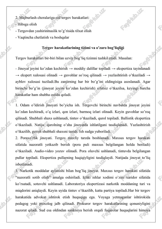 adi. 3. narkotik moddalar aylanishi bilan bog’liq jinoyat. maxsus tergov harakati sifatida “nazoratli sotib olish” amalga oshiriladi. ichki ishlar xodimi o’zini xaridor sifatida ko’rsatadi, sotuvchi ushlanadi. laboratoriya ekspertizasi narkotik moddaning turi va miqdorini aniqlaydi. keyin uyida tintuv o’tkazilib, katta partiya topiladi.har bir tergov harakatida advokat ishtirok etish huquqiga ega. voyaga yetmaganlar ishtirokida pedagog yoki psixolog jalb qilinadi. prokuror tergov harakatlarining qonuniyligini nazorat qiladi. sud esa oldindan sanktsiya berish orqali fuqarolar huquqlarini himoya qiladi.agar tergovchi qonunni buzsa (masalan, tintuvni sud qarorisiz o’tkazsa), olingan dalillar “meva beradigan zaharli daraxt” tamoyili bo’yicha ishda qo’llanilmaydi, ya’ni butun ish qayta ko’rib chiqilishi mumkin.tergov harakatlari jinoyat-protsessual faoliyatning asosiy mexanizmi bo’lib, ular qonuniylik, inson huquqlari hurmati va obyektivlik tamoyillariga qat’iy asoslanadi. har bir harakatning maqsadi – jinoyatning barcha holatlarini to’liq, xolis va ishonchli aniqlash, shu orqali adolatni ta’minlashdir. qonun talablariga rioya qilish nafaqat tergovchidan professionalizmni, balki davlatning konstitutsiyaviy majburiyatlarini bajarishni ham talab etadi. tergov harakatlarining turlari tergov …