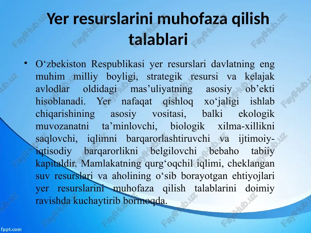ekologik nazoratni amalga oshirish huquqiga ega. yer resurslari bo‘yicha vazirlik foydali qazilmalarni qazib olish natijasida buzilgan yerlarni rekultivatsiya qilishni nazorat qiladi, muhofaza etiladigan tabiiy hududlarni kengaytirish bo‘yicha takliflar kiritadi hamda yer degradatsiyasi va cho‘llanishga qarshi choralar ko‘radi. masalan, 2023–2025-yillarda navoiy, samarqand, buxoro va boshqa viloyatlarda 6 ming gektardan ortiq buzilgan yer maydonlari rekultivatsiya qilinishi rejalashtirilgan. hududiy ekologik dasturlar o‘zbekistonning har bir hududida ekologik muammolar o‘ziga xos xususiyatlarga ega bo‘lgani uchun hududiy ekologik dasturlar alohida ahamiyat kasb etadi. “o‘zbekiston – 2030” strategiyasining atrof-muhitni asrash va yashil iqtisodiyot yo‘nalishida belgilangan vazifalar asosida har bir viloyat va qoraqalpog‘iston respublikasida mahalliy dasturlar ishlab chiqilgan.aralbo‘yi mintaqasida “orolbo‘yi hududini barqaror rivojlantirish” dasturi amalga oshirilmoqda bo‘lib, u cho‘llanishga qarshi kurash, yer osti suvlarini muhofaza qilish va yangi o‘rmon plantatsiyalarini barpo etishni o‘z ichiga oladi. 2024–2025-yillarda ushbu dastur doirasida 100 ming gektardan ortiq maydonda saxrovul va boshqa sho‘rga chidamli o‘simliklar ekilgan. toshkent viloyatida “toza havo” loyihasi doirasida atmosfera …