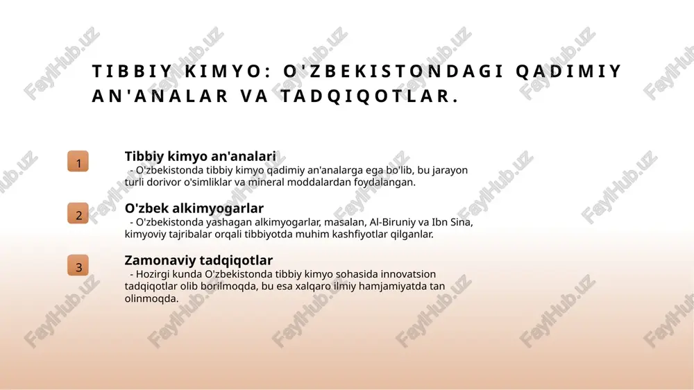 bal ilmiy jamoatchilikda o'zbekistonning o'rnini mustahkamladi. o'zbekiston alkimyogarlarining merosi va yatrokimyaga qo'shgan hissalari. o'zbekistondagi alkimyogarlar, yatrokimyo rivojida muhim rol o'ynagan. ular zamonaviy kimyo va tibbiyotning asoslarini qo'ygan. misol uchun, abu ali ibn sino va al-farobiyning hissalari yadro kimyosining rivojlanishida muhim ahamiyatga ega. o'zbekiston va xalqaro yatrokimyo aloqalari: tarixiy ko'rinish. 1 o'zbekistonning o'rni o'zbekiston, iatrokimyo tarixida muhim markaz bo'lib, qadimiy alkimyogarlar va olimlar orqali kimyoviy tadqiqotlarga hissa qo'shgan. 2 xalqaro aloqalar o'zbekiston, yevropa va osiyo o'rtasida savdo va ilmiy aloqalar o'rnatish orqali, iatrokimyoda o'zining ahamiyatini oshirgan. 3 alkimyo va iatrokimyo o'zbek alkimyogarlarining ishlari, iatrokimyoga o'tish jarayonida muhim rol o'ynab, yangi tibbiy usullarni rivojlantirishga yordam bergan. 4 tarixiy meros o'zbekistonda iatrokimyoning tarixiy merosi, zamonaviy tibbiyot va kimyoda davom etayotgan tadqiqotlar uchun asos bo'lib xizmat qiladi. xulosa 1 yatrokimyo va tarixiy ahamiyati yatrokimyo, tibbiyot va kimyoning o'zaro ta'sirini ochib beradi. paracelsusning kashfiyotlari, tibbiyotda inqilobiy o'zgarishlar yaratdi va ilm-fan rivojiga katta hissa qo'shdi. 2 …