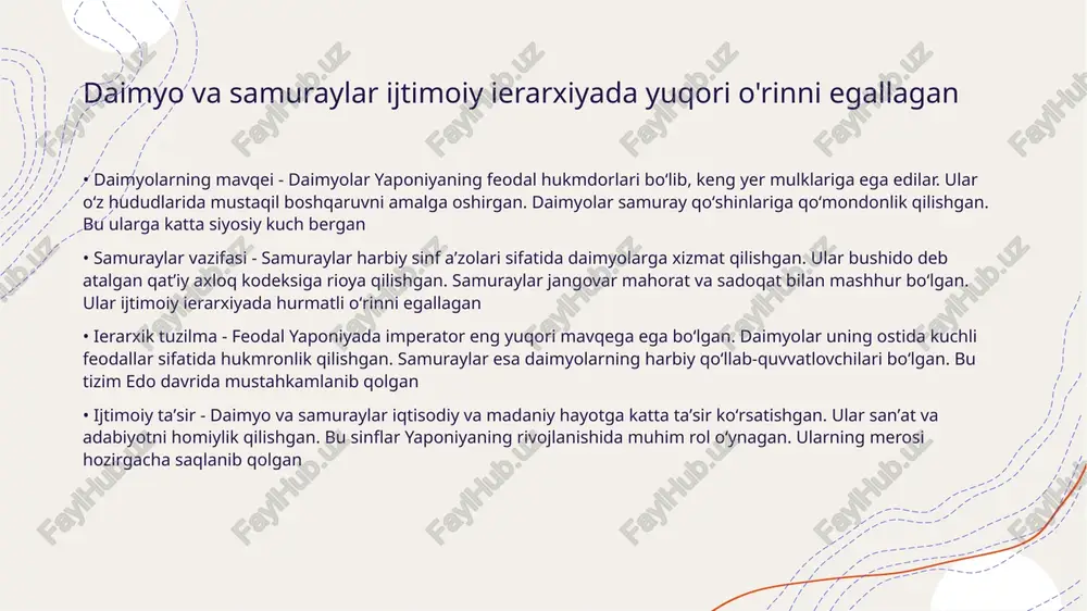 , xalqaro moliya institutlari bilan hamkorlik imkoniyatlarini kengaytirdi, iqtisodiy rivojlanishga ijobiy ta'sir ko'rsatdi siyosiy markazlashtirish hokimiyatni syogunatdan imperatorga o'tkazdi • siyosiy markazlashtirish tushunchasi - siyosiy markazlashtirish hokimiyatni bir markazda to'plash jarayonidir, bu yaponiyada xix asrda sodir bo'ldi, syogunat hokimiyati zaiflashdi, imperator hokimiyati mustahkamlandi, bu o'zgarishlar mamlakatni modernizatsiya qilishga olib keldi • syogunat tizimining zaiflashuvi - tokugava syogunati xix asrda iqtisodiy va siyosiy inqirozga yuz tutdi, samuraylar sinfi iqtisodiy qiyinchiliklar boshdan kechirdi, tashqi bosqinlar xavfi ortib bordi, bu syogunat hokimiyatining zaiflashishiga sabab bo'ldi ijtimoiy o'zgarishlar samuraylar sinfining pasayishiga olib keldi • ijtimoiy o'zgarishlar boshlanishi - 19-asrda yaponiyada meiji restavratsiyasi boshlanib, an'anaviy feodal tuzum o'zgardi. bu o'zgarishlar samuraylar sinfining ijtimoiy mavqeiga ta'sir ko'rsatdi, ularning imtiyozlari asta-sekin kamaydi • harbiy islohotlar ta'siri - 1876-yilda qilich kiyish taqiqlandi, samuraylar o'z qurollaridan mahrum bo'ldi. zamonaviy armiya tashkil etildi, bu esa an'anaviy samuray jangovar ahamiyatini pasaytirdi, ularning harbiy roli zaiflashdi • iqtisodiy o'zgarishlar - sanoatlashtirish va …