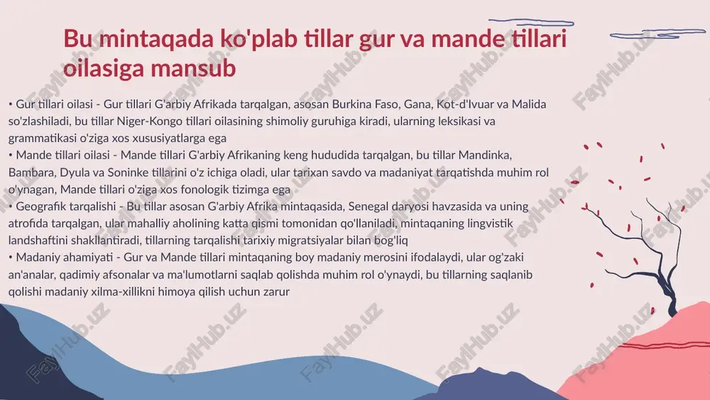 ib keladi, har yili minglab bolalar suv bilan bog'liq kasalliklar tufayli vafot etadi, bu sog'liqni saqlash tizimiga katta yuk bo'ladi g'arb afrikada suv muammolari sog'liqni saqlash va oziq-ovqat ishlab chiqarishga ta'sir qiladi • madaniy merosning ahamiyati - an'anaviy ertaklar bolalarga milliy qadriyatlar, odob-axloq qoidalari va tarixiy an'analarni o'rgatadi, bu ularning madaniy merosni saqlashida muhim rol o'ynaydi • axloqiy tarbiya vositalari - hikoyalar orqali bolalar yaxshi va yomon xatti-harakatlar o'rtasidagi farqni tushunadilar, ularga adolat, halollik va boshqalarga hurmat ko'rsatish kabi fazilatlar singib ketadi • til va nutq rivojlanishi - ertaklar tinglash va hikoya qilish bolalarning lug'at boyligini oshiradi, nutq mahoratini rivojlantiradi va til o'zlashtirish qobiliyatini mustahkamlaydi • ijtimoiy va kognitiv ta'sir - bu hikoyalar bolalarning ijodiy fikrlash, muammolarni hal qilish va ijtimoiy munosabatlar qurish ko'nikmalarini rivojlantiradi, ularning umumiy rivojlanishiga ijobiy ta'sir ko'rsatadi mintaqada bolalar an'anaviy ertaklar va hikoyalar orqali ta'lim oladi • oila tuzilmasi - g'arb afrika jamiyatlarida keng oila tushunchasi …