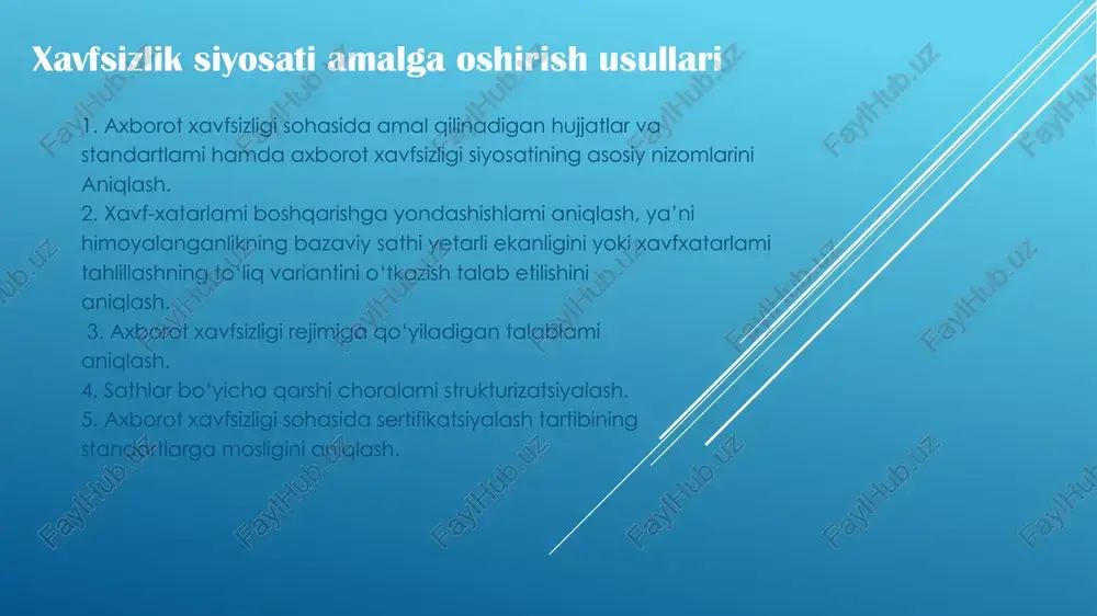 r tarmoqlari va elektron pochta protokollari va komandalaridan foydalanadi. ba’- zida tarmoq viruslarini "qurt" xilidagi dasturlar deb yuritishadi. tarmoq viruslari intemet-qurtlarga (internet bo‘yicha tarqaladi), ircqurtlarga (chatlar, intemetrelaychat) boiinadi. kompyuter viruslarining bajarilish davri, odatda, beshta bosqichni o‘z ichiga oladi: 1. virusni xotiraga yuklash. 2. qurbonni qidirish. 3. topilgan qurbonni zaharlash. 4. destruktiv funksiyalami bajarish. 5. boshqarishni virus dastur-eltuvchisiga o‘tkazish. axborotni himoyalashda tarmoqlararo ekranlarning 0 ‘rni tarmoqlararo ekran (te) - brandmauer yoki firewall sistemasi deb ham ataluvchi tarmoqlararo himoyaning ixtisoslashtirilgan kompleksi. tarmoqlararo ekran umumiy tarmoqni ikki yoki undan ko‘p qismlarga ajratish va ma’lumot paketlarini chegara orqali umumiy tarmoqning bir qismidan ikkinchisiga o‘tish shartlarini belgilovchi qoidalar to‘plamini amalga oshirish imkonini beradi. osi modeli sathlarida ishlashi bo ‘yicha: - paketli filtr (ekranlovchi marshmtizator - screening router); - seans sathi shlyuzi (ekranlovchi transport); - tatbiqiy sath shlyuzi (application gateway); - ekspert sathi shlyuzi (stateful inspection firewall). ishlatiladigan texnologiya bo ‘yicha: - protokol holatini nazoratlash (stateful …