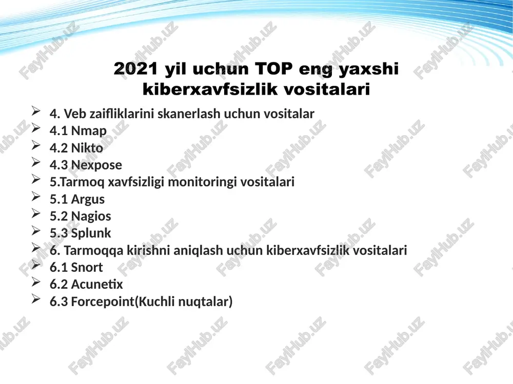 li va tezkor tarmoq xavfsizligi monitoringi vositasidir. u tahdid ma'lumotlarini tarixiy olish va real vaqtda tarmoq tahlili uchun ishlatiladi. splunk - bu kuchli qidiruv funksiyasi va yagona foydalanuvchi interfeysiga ega foydalanuvchilarga qulay kiberxavfsizlik vositasi. bundan tashqari, xavfsizlik mutaxassislari splunk-dan qidirish mumkin bo'lgan omborlarda ma'lumotlarni to'plash, indekslash va o'zaro bog'lash hamda real vaqtda hisobotlar, ogohlantirishlar, grafiklar, vizualizatsiya va asboblar paneli yaratish uchun foydalanadilar. nagios nagios xavfsizlik mutaxassislariga real vaqt rejimida tarmoqlar, ulangan xostlar va tizimlarni kuzatish imkoniyatini beradi. asbob tarmoqdagi xavfsizlik muammolarini aniqlashi bilanoq foydalanuvchilarga ogohlantirish beradi. biroq, foydalanuvchilar qaysi bildirishnomalarni olishni tanlashlari mumkin. nagios smtp, nntp, icmp, pop3, http va boshqalar kabi tarmoq xizmatlarini kuzatishi mumkin. tarmoqqa kirishni aniqlash uchun kiberxavfsizlik vositalar snort ilova ochiq manbali tarmoqqa kirishni aniqlash va oldini olish vositasidir. u hujumga urinishlarni aniqlash uchun tarmoq trafigini tahlil qilish uchun ishlatiladi. o'rnatilgan aniqlash va tajovuzkor vositalar tarmoq trafigini ushlaydi va uni avvalroq yozilgan hujum profillari haqidagi ma'lumotlarni …