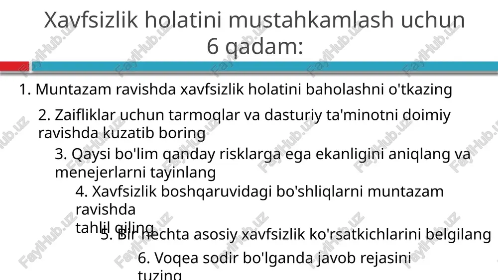 uzing kiberxavfsizlik hodisalariga javob rejasi (csirp) - bu jiddiy xavfsizlik hodisasiga qanday javob berish bo'yicha ko'rsatmalar beradigan hujjat. keng qamrovli csirpni tashkil etuvchi to'rt bosqich: himoya qilish, yo'q qilish va qayta tiklash hujumga javoban qilgan barcha harakatlaringiz hodisani to'xtatish, tahdidni yo'q qilish va hujumdan keyin tiklanish atrofida aylanadi. yo'q qilish qaysi turdagi hodisani boshdan kechirayotganingizga qarab turli bosqichlarni o'z ichiga oladi, lekin aslida siz hujumni to'xtatish uchun kerak bo'lgan hamma narsani yo'q qilasiz. qayta tiklashda siz xavfsizlik rejangizga o'zgartirishlar va yangilanishlar kiritishingiz, xavfsizlik hodisasiga sabab bo'lgan zaiflikni bartaraf etishingiz va kelajakdagi hujumlarning oldini olish uchun har qanday treningni yakunlashingiz kerak. 6. voqea sodir bo'lganda javob rejasini tuzing kiberxavfsizlik hodisalariga javob rejasi (csirp) - bu jiddiy xavfsizlik hodisasiga qanday javob berish bo'yicha ko'rsatmalar beradigan hujjat. keng qamrovli csirpni tashkil etuvchi to'rt bosqich: hodisadan keyingi faoliyat hodisa to‘xtatilgandan, xavfsizlik yangilanishlari amalga oshirilgandan va tashkilotingiz o‘z yo‘liga qaytgandan so‘ng, tashkilotingiz ma’lumot olish uchun …