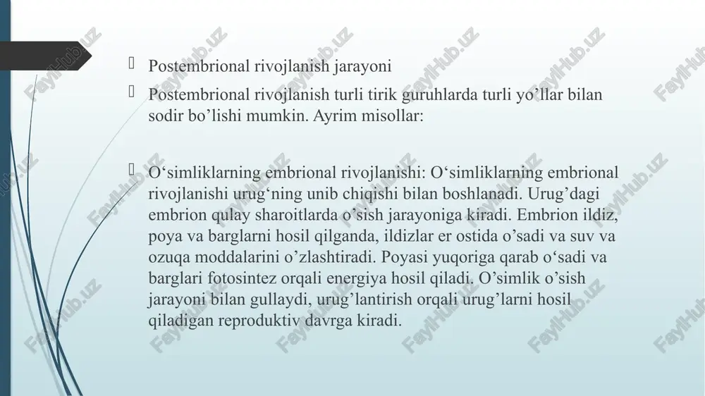 netik o‘zgarish qarish emas, balki organizmning buzilishi bilan bog‘liq moddalar almashinuvi jarayonidir. hayot ana shu qonuniyatga asoslanadi. u har qaysi organizmda turlicha kechishi mumkin. masalan, sichqon 2 yil, fil 100 yil yashashi aniqlangan. bundan bitta xulosa chiqadi: qarish qachon boshlanadi, degan gapga o‘rin qolmaydi. u jinsiy xujayralar urug‘lanishi bilan birga rivojlanadi. gap shundaki, tabiatda ba’zi mavjudotlar 300 yil, hatto ming yilgacha yashashi mumkin uzoq umr koʻrishning bir qancha omillari aytildi baʼzi olimlarning fikriga koʻra, irsiyat oʻlimning 10 ta asosiy sabablaridan toʻqqiztasida muhim rol oʻynashi mumkin. masalan, quyidagi xastaliklarda: — yurak kasalliklari; — saraton; — surunkali pastki nafas yoʻllari kasalliklari; — insult yoki serebrovaskulyar xastalik; — alsgeymer; — qandli diabet; — buyrak kasalliklari. image1.png image2.png image3.png image4.png image5.png image6.png image7.png /docprops/thumbnail.jpeg