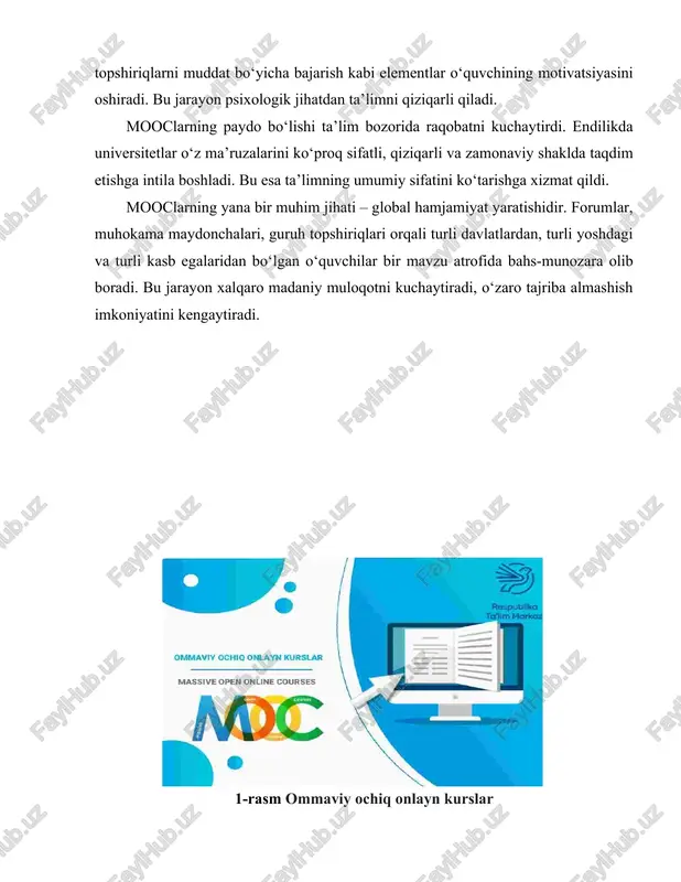 iga moslashgan mutaxassislarga bo‘lgan talabi aynan ommaviy onlayn kurslar orqali qondirilmoqda. mooc deb nom olgan ushbu ta’lim shakli bugungi kunda insonlarga geografik masofalardan qat’i nazar, eng nufuzli universitetlarning kurslarini mustaqil o‘rganish, o‘z vaqtini o‘zi belgilash orqali bilim olish va professional rivojlanishga erishish imkonini bermoqda. mooclarning afzalliklari ko‘p qirrali bo‘lib, ularning birinchi navbatda e’tiborni tortadigan tomoni – ta’limning keng ommaga ochiqligi, ya’ni “open access” tamoyilidir. bunda istalgan inson, istalgan hududdan, minimal texnik vositalar bilan, istalgan vaqt davomida ta’lim olish imkoniga ega bo‘ladi. ayniqsa, an’anaviy ta’lim muassasalarida o‘qish imkoniyati bo‘lmagan, iqtisodiy yoki ijtimoiy to‘siqlarga duch kelgan insonlar uchun bunday platformalar ta’lim tizimiga kirishning eng maqbul yo‘li bo‘lib xizmat qiladi. mooclarning afzalliklaridan yana biri — moslashuvchanlikdir. ya’ni kurslar qat’iy jadvalsiz, qatnashchilar o‘z vaqtiga mos holda mavzularni o‘zlashtira oladi. bu holat ishlaydiganlar, oilaviy majburiyatlari borlar yoki doimiy safarda bo‘ladigan shaxslar uchun ayniqsa qulay. har bir modul video materiallar, matnlar, testlar, amaliy topshiriqlar va interfaol …