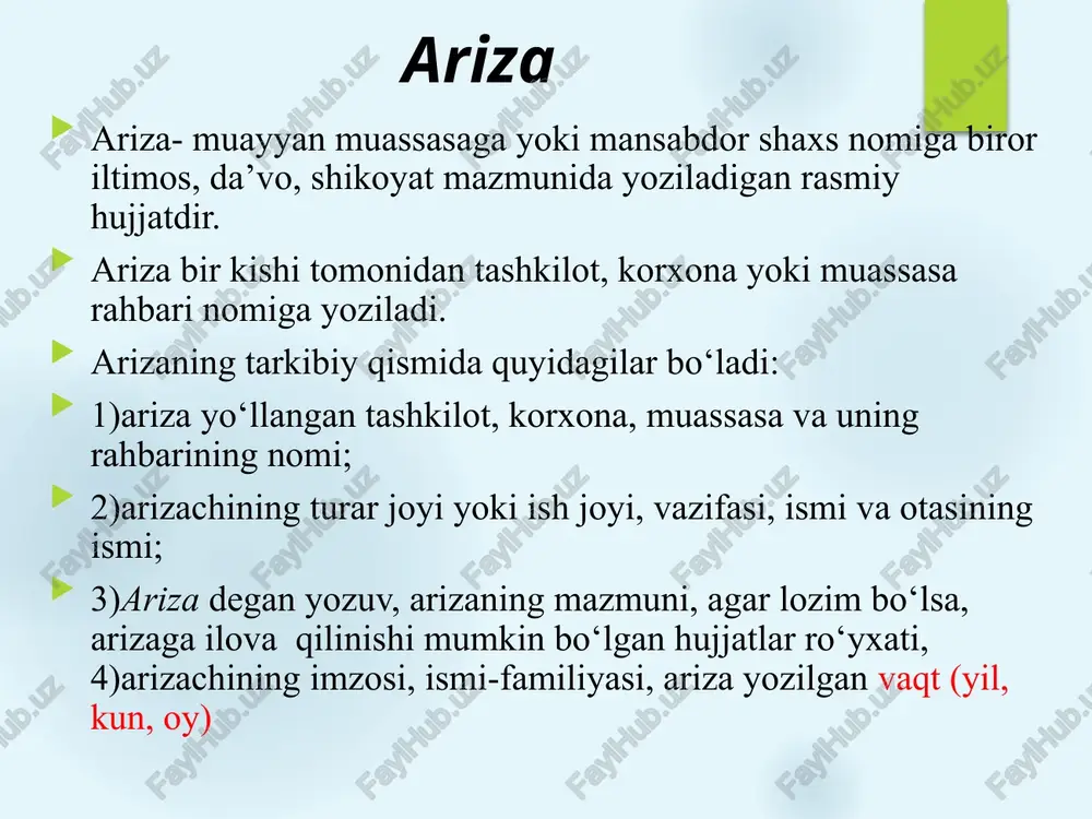 n keyin 2 darajali starshina o.rajabov so‘zga chiqdi va vatanni himoya qilish har bir o‘g‘il va qizning muqaddas burchi ekanligini ta’kidladi. litsey kamolot yoshlar ijtimoiy harakati yetakchisi m.norqobilov hamda ona tili va adabiyot fani o‘qituvchisi f.jabborovalar ma’ruzalari tinglandi. tadbirning tantanali qismi tugab, badiiy-musiqiy qismi boshlandi badiiy-musiqiy kechada litseyning 102, 103, 106, 108 –guruhlarning iqtidorli va iste’dodli o‘quvchilari tadbir ruhiga mos she’rlar o‘qishdi,askarlar hayotiga oid qiziqarli sahna ko‘rinishlari , mazmunli qo‘shiqlar va chiroyli raqslarni mahorat bilan ijro etdilar. tadbir so‘ngida mehmonlarga litsey ma’muriyatining estalik sovg‘alari topshirildi. tadbir barchada katta taassurot qoldirdi. tadbir tashkilotchilari : m.m.i.b.direktor o‘rinbosari : sh.saidahmadov “kamolot” y.i.h tashkiloti raisi: m.norqobilov bildirish (bildirishnoma) bildirish (bildirishnoma) muayyan idora, uning rahbariga biror voqea-hodisa yoki xizmat faoliyatiga tegishli masalalar yuzasidan axborot berish maqsadida taqdim etiladigan hujjatdir. bildirishnomalarni tayyorlashda faqat biror voqea, holat haqida xabar berish bilan cheklanish yetarli emas, ularning sabablari tahlil qilinishi, xulosa chiqarilishi, takliflar berilishi ham lozim. shuning uchun bildirishnomalarda …