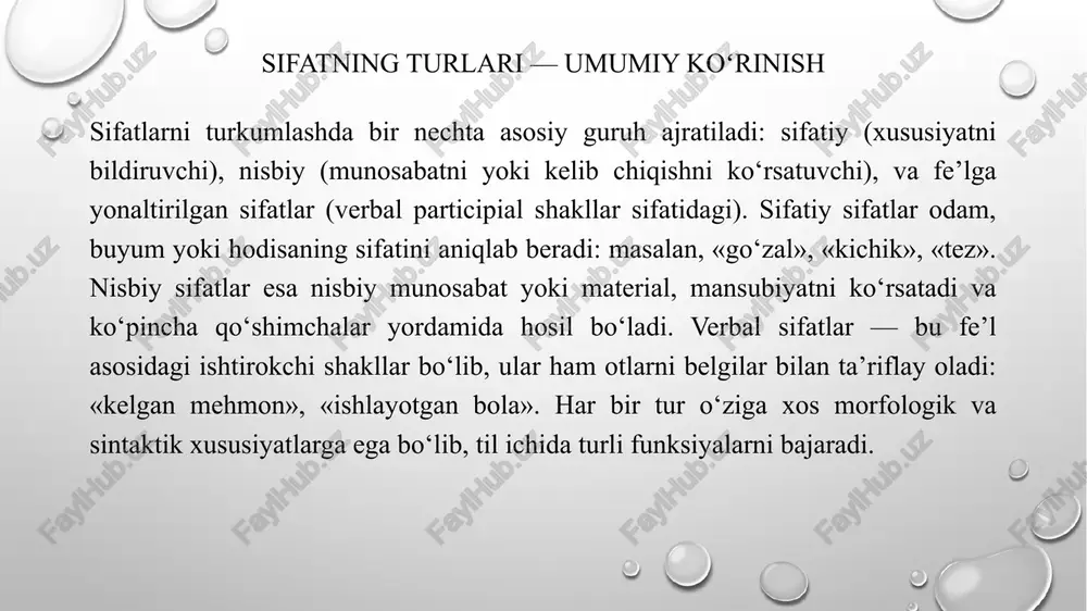 rdan ot hosil qilish orqali umumlashtirish va abstraktsiyalash paydo bo‘ladi; bunda tilimizda -lik, -chilik kabi so‘z yasovchi qo‘shimchalar ishlatiladi: «go‘zallik» (go‘zal -> go‘zallik), «bilim» (bilimli -> bilim?) — bu misolga nisbatan ehtiyot bo‘lish lozim; asosiy namunalar sifatlardan ismlarga o‘tishda aniq va barqaror qo‘shimchalar bilan amalga oshadi. bu jarayon tilning leksik resursini kengaytiradi va sifatlarga asoslangan nomativ ma’nolarni hosil qiladi. so‘z yasovchi elementlar yordamida sifatlardan abstrakt tushunchalar va xususiyat nomlari yaratiladi. sifatning stilistik roli va kontekstual o‘zgarishi sifatlar adabiyot va nutqda tasviriylikni oshirish, emotsiyalarni ifodalash va obraz yaratishda muhim vosita hisoblanadi. bir xil sifat kontekstga qarab neytral, emotsional yoki ironik ma’no olishi mumkin. masalan, «katta» so‘zi bir joyda hajmni ifodalasa, boshqasida ijobiy sifat sifatida ishlatilishi mumkin («katta mehribonlik»). stilistik nuqtai nazardan sifatlar bilan ishlash tilning ifodaviy imkoniyatlarini kengaytiradi va matn tuzilishida muayyan kayfiyat yaratadi. adabiy tavsif va metafora orqali sifat ishlatilishi adabiyotda sifatlar obraz va metaforik tasvir hosil qilish uchun faol …