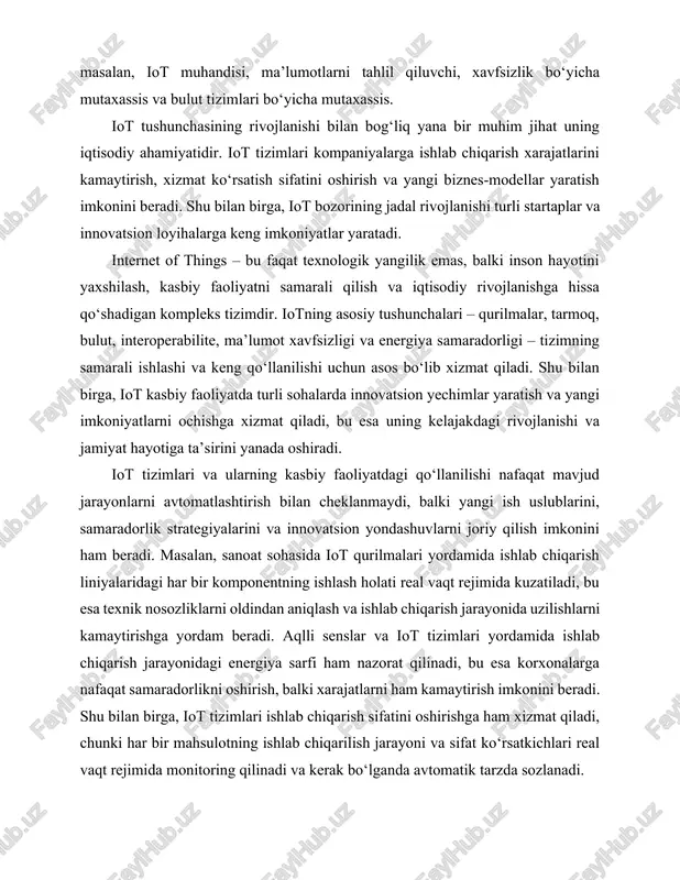 oshirishga ham xizmat qiladi, chunki har bir mahsulotning ishlab chiqarilish jarayoni va sifat ko‘rsatkichlari real vaqt rejimida monitoring qilinadi va kerak bo‘lganda avtomatik tarzda sozlanadi. sog‘liqni saqlashda iot texnologiyalarining roli juda katta. masofaviy tibbiy monitoring tizimlari bemorlarning yurak urishi, qon bosimi, qondagi glyukoza darajasi va boshqa ko‘rsatkichlarini kuzatib boradi. bu ma’lumotlar tibbiy xodimlarga bemorning holatini real vaqt rejimida baholash imkonini beradi va shoshilinch holatlarda tezkor choralar ko‘rishga yordam beradi. masalan, yurak ritmi buzilgan bemorlar uchun iot tizimi shoshilinch signal yuboradi va bemorning qayerda ekanligi aniqlanadi, bu esa tez yordam xizmatining vaqtida yetib borishini ta’minlaydi. shu bilan birga, iot qurilmalari yordamida tibbiy protseduralar va davolash jarayonlari avtomatlashtiriladi, bu esa shifokorlarning ish yukini kamaytiradi va bemorlar uchun qulaylik yaratadi. transport va logistika sohasida iot tizimlari yo‘l harakatini optimallashtirish va xavfsizlikni oshirishga xizmat qiladi. aqlli transport tizimlari transport vositalarining joylashuvini real vaqt rejimida kuzatadi, yo‘l harakati to‘g‘risida ma’lumot beradi va tirbandliklarni kamaytirish bo‘yicha …
