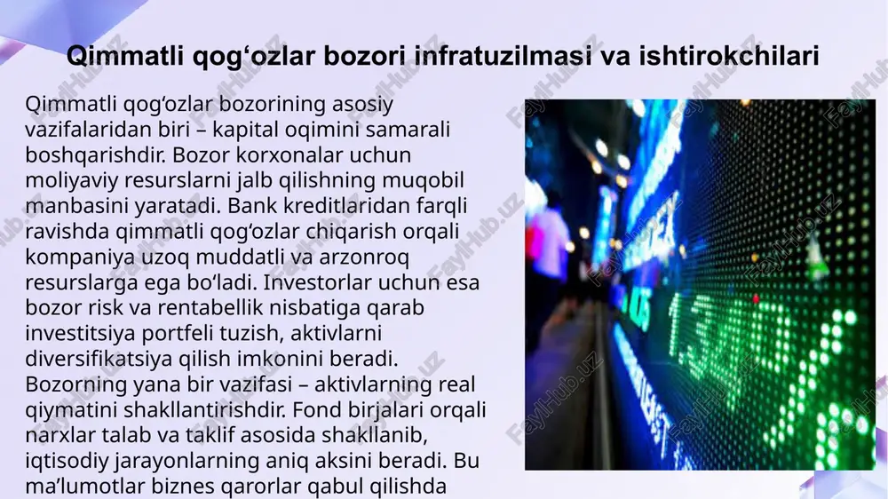a barqaror o‘sish kuzatiladi. global tendensiyalar qimmatli qog‘ozlar bozorining yanada diversifikatsiyalanishiga, texnologik modernizatsiyasiga va investorlar doirasining kengayishiga olib kelmoqda. o‘zbekiston bozorining rivojlanishi ham iqtisodiy o‘sishga xizmat qilishiga qaramay, likvidlik, axborot shaffofligi va investorlar sonini oshirish bo‘yicha qo‘shimcha islohotlar zarur. shunday qilib, qimmatli qog‘ozlar bozorining tahlili uni iqtisodiy taraqqiyotning muhim strategik omili sifatida ko‘rsatadi. image1.png image8.jpeg image9.jpeg image10.jpeg image11.jpeg image12.jpeg image13.jpeg image14.jpeg image15.jpeg image16.jpeg image6.png image7.png /docprops/thumbnail.jpeg