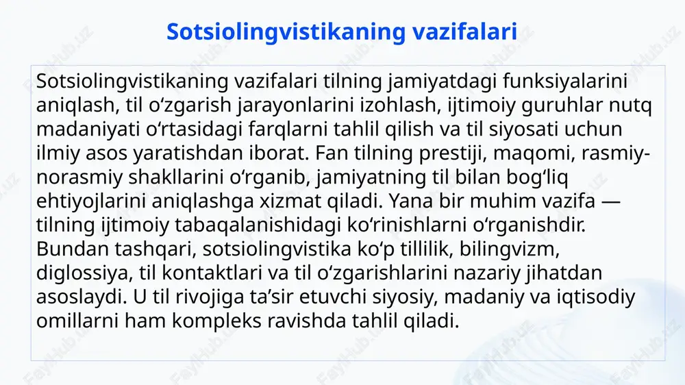 et, ta’lim muassasalari va ommaviy madaniyat nutq madaniyatining jamoaviy rivojiga sezilarli ta’sir ko‘rsatadi. til kontaktlari til kontaktlari — ikki yoki undan ortiq tillarning bir hududda yoki bir jamiyatda o‘zaro ta’sirga kirishi jarayonidir. bu jarayon natijasida so‘z almashinuvi, fonetik o‘zgarishlar, grammatik ta’sirlanish, kod-almashish kabi hodisalar yuzaga keladi. ko‘p millatli jamiyatlarda til kontaktlari tabiiy jarayon bo‘lib, ular sotsiolingvistik tadqiqotlarning markazida turadi. globalizatsiya davrida ingliz tilining ko‘plab tillarga ta’siri kuchaygani, migratsiya jarayonlari kengaygani sababli til kontaktlari yanada faol jarayon tusini olgan. bularning barchasi til taraqqiyotiga ta’sir etadi. bilingvizm bilingvizm — shaxsning ikki tilni faol qo‘llay olishi. jamiyatda keng bilingvizm mavjud bo‘lsa, til siyosati, ta’lim tizimi, madaniy almashinuv va kommunikatsiya jarayonlari yanada murakkablashadi. bilingvizm shaxsning til kompetensiyasi, o‘zaro muloqot uslubi va madaniy moslashuvchanligiga katta ta’sir ko‘rsatadi. sotsiolingvistika bilingvizmning turlari, ijtimoiy sabablari, rivojlanish bosqichlari va jamiyat hayotidagi o‘rnini o‘rganadi. shuningdek, bilingvizm tilning o‘zgarishiga, lug‘at tarkibining boyishiga va kod-almashish jarayoniga ta’sir etadi. polilingvizm polilingvizm — jamiyatda …