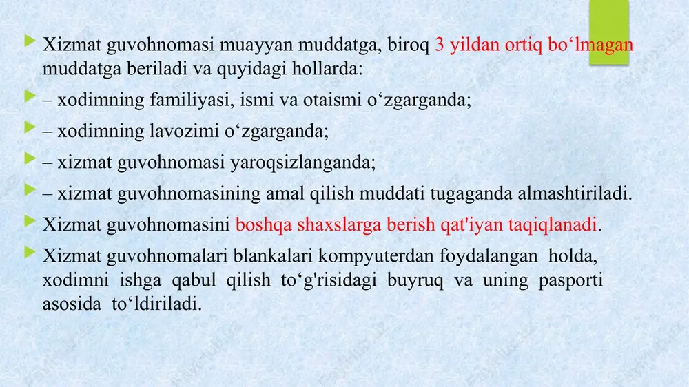 kiradi. muvaqqat komissiyalar, guruhlar va shu kabilarning huquqiy maqomlari ham nizom bilan belgilanadi. nizomning asosiy zaruriy qismlari: 1. vazifalari nizom bilan belgilanayotgan muassasaning (tarkibiy qismning) nomi. 2. hujjat turining nomi (nizom). 3. mazmuni (matni): muassasa tuzilishining maqsad va asoslari; asosiy vazifalari; muassasaning tuzilishi, huquqi, ishni tashkil qilish tartibi. 4. muassasa rahbarining imzosi. 5. sana va joy. 6. tasdiqlash ustxati (yuqori qismida o‘ng burchakda joylashadi). ustav ustav muayyan munosabat doirasidagi faoliyat yoki biror davlat organi, tashkilot, muassasaning tuzilishi, vazifasini yo‘naltirib turadigan asosiy nizom va qoidalar majmuidir. ustav biror organ yoki muassasa vazifalari va huquqiy holatini tavsiflaydigan me’yoriy ahamiyatga ega. binobarin, ustav nizomga nisbatan keng tushunchadir. ustav ko‘proq ma’lum bir tarmoq, sohalar, yirik muassasalar bo‘yicha tuziladi. chunonchi, davlat nashriyotlari bo‘yicha namunaviy ustav qabul qilingan, shu asosda har bir nashriyot o‘z nizomini qabul qiladi. ustavning zaruriy qismlari nizomning zaruriy qismlariga o‘xshash bo‘ladi. lekin ustavning mazmun qismida moliyaviy va moddiy bazalari, hisobot berish, taftish …