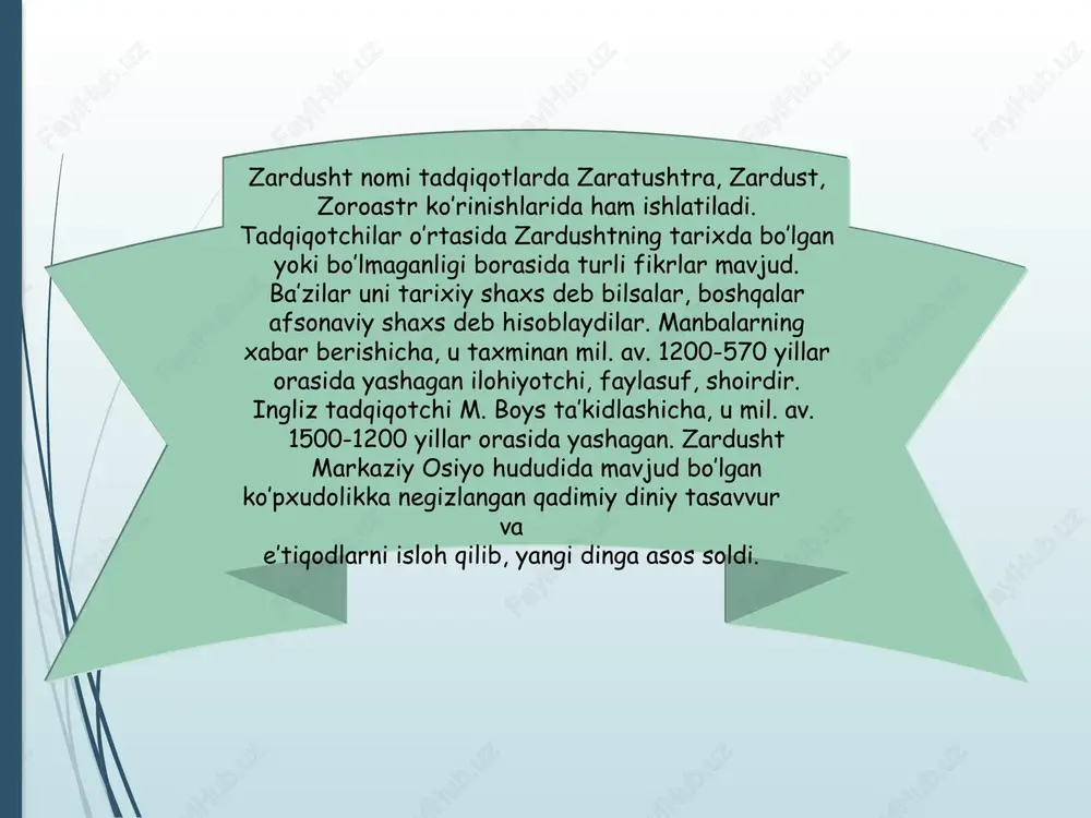 xabarlari deb hisoblangan bo’laklar turli diniy duolar, madhiyalar sifatida yig’ila boshlangan. bular zardushtning o’limidan keyin kitob holida jamlangan va «avesto» – «o’rnatilgan, qat’iy qilib belgilangan qonun-qoidalar» deb nom olgan. bu qadimiy yozma manba bizgacha to’liq holda yetib kelmagan. avesto haqida abu rayhon beruniy (v. 1048 y.) shunday yozadi: «yilnoma kitoblarida bunday deyilgan: podshoh doro ibn doro xazinasida [abistoning] 12 ming qoramol terisiga tillo bilan bitilgan bir nusxasi bor edi. iskandar otashxonalarni vayron qilib, ularda xizmat etuvchilarni o’ldirgan vaqtda uni kuydirib yubordi. shuning uchun o’sha vaqtda abistoning beshdan uchi yo’qolib ketdi». talabalarni avestoning eng qadimiy qismlarida zardusht tug’ilgan va o’z faoliyatini boshlagan yurt haqida ma’lumotlarbilan tanishtirishimiz maqsadga muvoffiq bo’ladi. avestoda axura mazda yaratgan 16 ta shaharning nomi berilgan bo’lib, ulardan to’qqiztasi markaziy osiyoda joylashgan viloyat va shaharlarning nomlariga juda o’xshash. unda aytilishicha, «bu mamlakatning ko’p sonli lashkarlarini botir sarkardalar boshqaradilar, baland tog’lari bor, yaylov va suvlari bilan go’zal, chorvachilik uchun barcha …