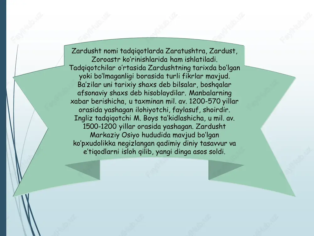 xabarlari deb hisoblangan bo’laklar turli diniy duolar, madhiyalar sifatida yig’ila boshlangan. bular zardushtning o’limidan keyin kitob holida jamlangan va «avesto» – «o’rnatilgan, qat’iy qilib belgilangan qonun-qoidalar» deb nom olgan. bu qadimiy yozma manba bizgacha to’liq holda yetib kelmagan. avesto haqida abu rayhon beruniy (v. 1048 y.) shunday yozadi: «yilnoma kitoblarida bunday deyilgan: podshoh doro ibn doro xazinasida [abistoning] 12 ming qoramol terisiga tillo bilan bitilgan bir nusxasi bor edi. iskandar otashxonalarni vayron qilib, ularda xizmat etuvchilarni o’ldirgan vaqtda uni kuydirib yubordi. shuning uchun o’sha vaqtda abistoning beshdan uchi yo’qolib ketdi». talabalarni avestoning eng qadimiy qismlarida zardusht tug’ilgan va o’z faoliyatini boshlagan yurt haqida ma’lumotlarbilan tanishtirishimiz maqsadga muvoffiq bo’ladi. avestoda axura mazda yaratgan 16 ta shaharning nomi berilgan bo’lib, ulardan to’qqiztasi markaziy osiyoda joylashgan viloyat va shaharlarning nomlariga juda o’xshash. unda aytilishicha, «bu mamlakatning ko’p sonli lashkarlarini botir sarkardalar boshqaradilar, baland tog’lari bor, yaylov va suvlari bilan go’zal, chorvachilik uchun barcha …