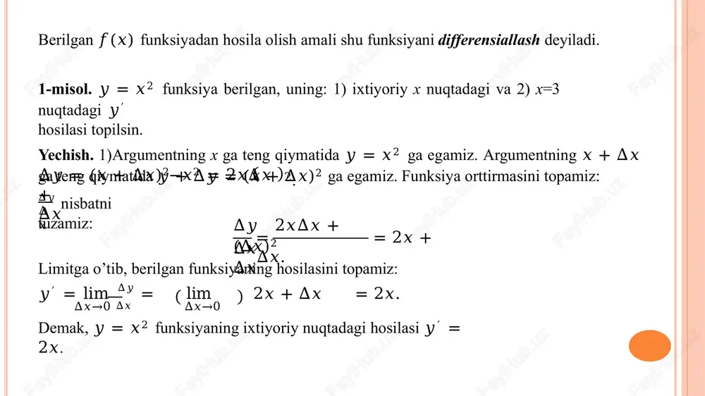o’zbek tiliga tarjima, 1974 yil, 1- tom. 2.t.soatov, oliy matematika., “o’qituvchi” nashriyoti, toshkent, 1985 yil. e’tiboringiz uchun rahmat! slide 1 r e j a: hosilaning ta’rifi bu nisbatning ∆𝑥 → 0 dagi limitini topamiz. agar bu limit mavj berilgan 𝑓(𝑥) funksiyadan hosila olish amali shu funksiyani d 2) x=3 da quyidagini hosil qilamiz: y′/x=3= 2 ∙ 3 = 6. bir egri chiziq va unda tayin 𝑀0 nuqta berilgan bo’lsin.egri c agar endi ∆𝑥 nolga intilsa, u holda 𝑀1 nuqta egri chiziq bo’ 2-misol. 𝑦 = 𝑥2 egri chiziqqa 𝑀 bu nisbatning limitini topamiz: 3.𝒚 = 𝒄𝒐𝒔𝒙 bo’lsa 𝒚′ = −𝒔𝒊𝒏𝒙 bo’ladi. murakkab funksiyaning hosilasi. faraz qilaylik, 𝑦 = 𝑓(𝑥) mur isbot. argument x ning ma’lum qiymatida 𝑢 = 𝜑 𝑥 , 𝑦 = 𝐹 𝑢 bu munosabatdan, limit ta’rifidan foydalanib, (∆𝑢 ≠ 0𝑑𝑎) slide 15 e’tiboringiz uchun rahmat!