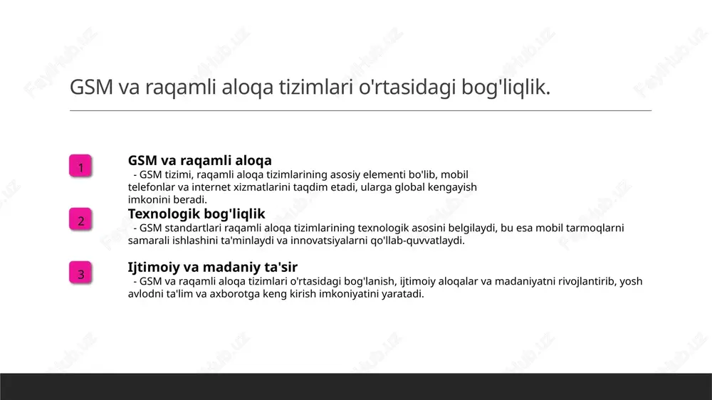 htirib, ijtimoiy tarmoqlarda hamda jamoalarda yangi o'zgarishlarga olib kelmoqda. 2 kultura va identitet - mobil aloqa va raqamli platformalar, madaniy ifodalarni tarqatishda muhim rol o'ynab, turli xalqlar va millatlar o'rtasida madaniy almashuvni kuchaytirmoqda. 3 ta'lim va axborot - raqamli aloqa tizimlari ta'lim jarayonlarini rivojlantirib, onlayn ta'lim imkoniyatlarini kengaytiradi va axborotga kirishni osonlashtiradi, bu esa bilim olishni tezlashtiradi. o'zbekistondagi gsm tizimining tarixi va rivoji. 1 gsm tizimining boshlanishi o'zbekistonda gsm tizimi 1994 yilda joriy etilgan. dastlabki xizmatlar toshkentda taqdim etilib, mamlakatning raqamli aloqa infratuzilmasini rivojlantira boshladi. 2 rivojlanish jarayoni 2000-yillarda gsm tarmoqlari mamlakat bo'ylab kengayib, mobil aloqa xizmatlari ko'lamini oshirdi. bu davrda bir nechta operatorlar bozorga kirishdi. 3 hozirgi holat bugungi kunda o'zbekistonda gsm tizimi yuqori tezlik va sifatli xizmatlar bilan tanilgan. mobil internet va raqamli xizmatlar rivojlanmoqda, bu esa aholi uchun yangi imkoniyatlar yaratmoqda. gsm texnologiyalari va ularning iqtisodiy ta'siri. gsm texnologiyalari gsm texnologiyalari mobil aloqa tarmoqlarini yaratishda muhim rol …