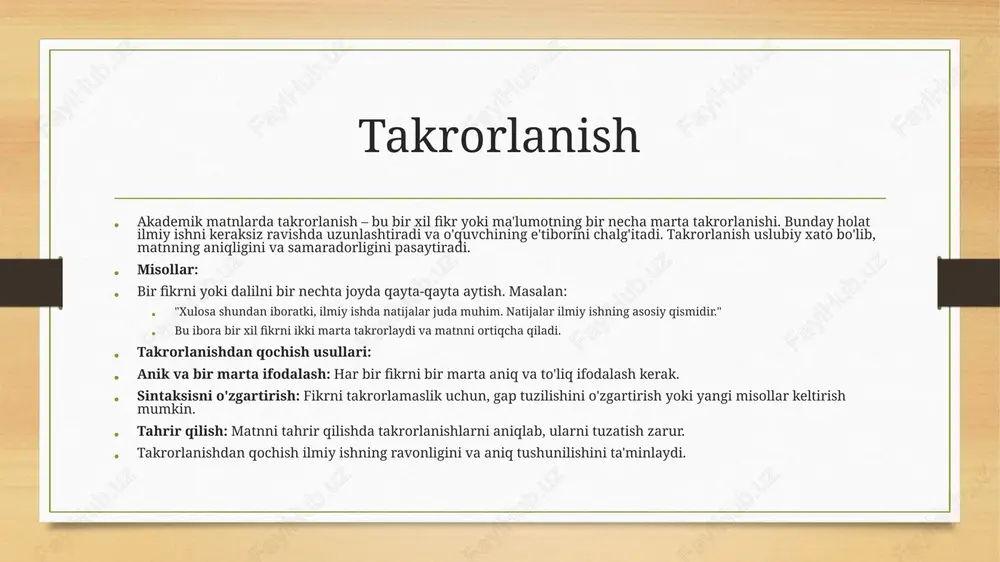dova, d. (2017). o'zbek tilida stilistika va uslubiyat (2-nashr). toshkent: sharq. 6. sharipov, b. (2019). o'zbek tilida ilmiy va adabiy uslublar. toshkent: iqtisod-moliya nashriyoti. 7. saidov, f. (2014). matnni tahrirlash va yozish usullari. toshkent: o'zbekiston respublikasi oliy va o'rta maxsus ta'lim vazirligi. akademik matnlardagi uslubiy xatolar reja kirish noaniq ifodalar takrorlanish kuzatuvlar va ishonchli manbalarni keltirmaslik rasmiy tilga rioya qilmaslik chunki so'zlarini noto'g'ri ishlatish uslubiy xatolarni tahrir etmaslik leksik xatolar fikrlarni tizimli ifodalamaslik xulosa foydalanilgan adabiyotlar