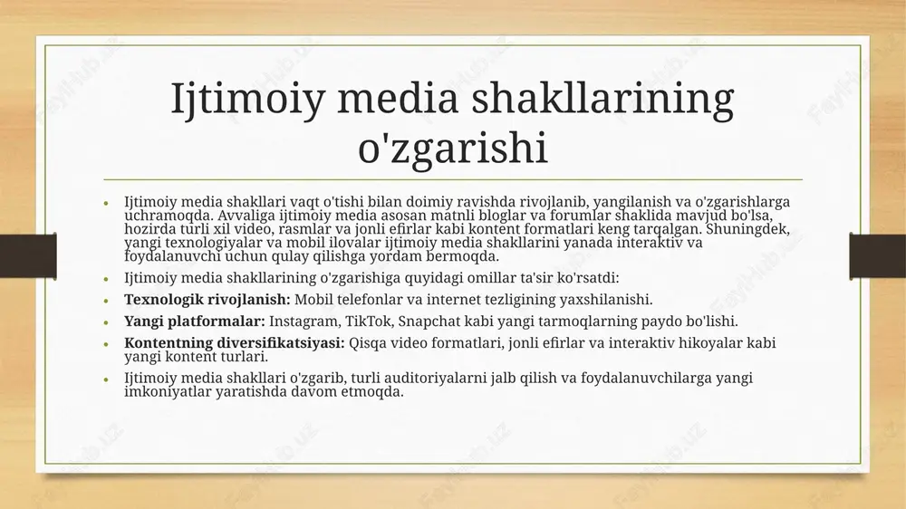jtimoiy media biznes uchun marketing, brend yaratish va mijozlar bilan aloqalarni mustahkamlashda muhim rol o'ynaydi. u kompaniyalar uchun yangi imkoniyatlar yaratadi. • xususiyatlar: • brendni targ'ib qilish va reklama qilish. • mijozlar bilan bevosita aloqada bo'lish. • maqsadli auditoriyani jalb qilish. • misollar: • facebook ads • instagram marketing • linkedin reklamasi • ijtimoiy media biznesning o'sishiga, mahsulot va xizmatlarni keng auditoriyaga tanitishga yordam beradi. ijtimoiy media ta'siri ijtimoiy media jamiyat va shaxsiy hayotga katta ta'sir ko'rsatadi. u odamlarning fikrlash tarzini, muloqot qilish usullarini va kundalik faoliyatlarini o'zgartiradi. xususiyatlar: •jamiyatga ta'sir: ijtimoiy masalalar, siyosat va madaniyatga ta'sir qilish. •psixologik ta'sir: o'z-o'zini qadrlash va psixologik holatga ta'siri. •biznes va marketingga ta'sir: kompaniyalar uchun yangi marketing imkoniyatlarini yaratish. ijtimoiy media odamlarning turmush tarzini, ijtimoiy aloqalarini va biznesni qayta shakllantiradi. xulosa • ijtimoiy media, uning shakllari va platformalarining rivojlanishi, bugungi kunda jamiyat va biznesning ajralmas qismiga aylangan. foydalanuvchilar o'z fikrlarini, tajribalarini va ma'lumotlarini …