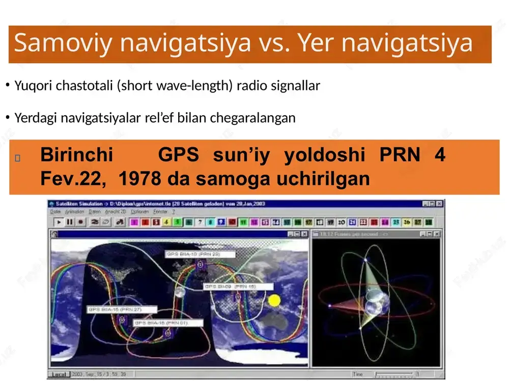 gatsiya vs. yer navigatsiya bu qanchalik yaxshi ishlaydi? gps ning umumiy xarakteristkalari slide 8 slide 9 fazoviy segment gps to’g’risida ma’lumot gps tizim tarkibi fazo segmenti kontrol segmenti gps segmenti iir-15 m (25 sentyabr 2006 y.) kimlar foydalanishadi? nega gps ? qanday ishlaydi? (5 bosqich) ishlash prinsipi : masofa bir necha sputnik masofalari prinsip tuzilmasi: masofa slide 23 joylashuv nuqtalari gps vaqti kod modellari navigatsion ma’lumotlar tuzilmasi kod analizi orqali vaqtni hisoblash ravshanlikning xiralashishi (dop) slide 30 yaxshi sputnik geometriyasi yomon sputnik geometriyasi yomon sputnik geometriyasi (2) gps ning xatoliklari manba’i slide 35 atmosferadan signallar kechikishi signal uzatilishi nosozliklari sababi ko’p nurli uzatish usuli hatoliklari signal nosozliklari inson xatolari maydon o’lchash kuzatuv soatlari slide 43