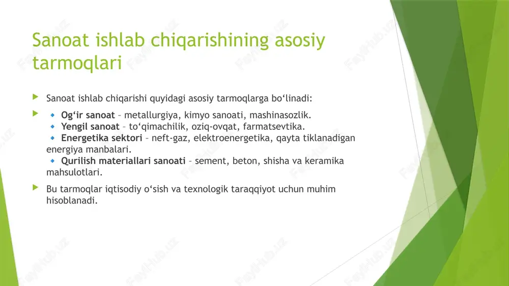 nfratuzilmasini modernizatsiya qilish – energiya, transport va kommunikatsiya tizimlarini yangilash va kengaytirish. 🔹 investitsiya dasturlari – chet el va mahalliy investitsiyalarni jalb qilish, yangi texnologiyalarni joriy etish.  bu dasturlar sanoatni barqaror rivojlantirish, yangi ish o‘rinlari yaratish va iqtisodiy o‘sishni ta’minlashga qaratilgan. natijalar va kelajak istiqbollari  🔹 sanoatning diversifikatsiyasi – turli tarmoqlarda ishlab chiqarish rivojlanishi va yangi sanoat sohalarining paydo bo‘lishi. 🔹 raqobatbardoshlikning oshishi – texnologik modernizatsiya va innovatsiyalar orqali sanoatning global bozorda raqobatbardoshligi kuchayishi. 🔹 yangi ish o‘rinlarining yaratilishi – sanoatning rivoji bilan birga yangi ish o‘rinlari ochilishi va iqtisodiy o‘sishning barqarorligi. 🔹 barqaror rivojlanish – ekologik toza texnologiyalar va qayta tiklanadigan energiya manbalariga o‘tish orqali sanoatning uzoq muddatli barqarorligi.  kelajakda sanoatni yanada raqobatbardosh, innovatsion va ekologik barqaror qilish orqali mamlakat iqtisodiyoti rivojlanadi va global bozorda o‘z o‘rnini mustahkamlashga erishadi. sanoat ishlab chiqarishining kelajagi  sanoat ishlab chiqarishini rivojlantirish bo‘yicha amalga oshirilgan islohotlar uzoq muddatda iqtisodiy o‘sish …