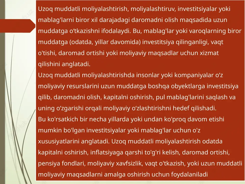 i mumkin. korporativ obligatsiyalar: korporativ obligatsiyalar, kompaniyalar tomonidan chiqariladi va muddati bo'lishi mumkin. uzoq muddatli korporativ obligatsiyalar daromad ortishining o'z xususiyatlari bo'lishi mumkin. investitsiya fondlari va pensiya fondlari: uzoq muddatli moliyalashtirish uchun investitsiya fondlari va pensiya fondlari mablag'lar yig'ilish va ularga investitsiya qilishda foydalaniladi. bu fondlar uzun muddatda daromadni olish imkoniyatini yaratish uchun mablag'larni birlashtirishga yordam beradi. real estate (ko‘chmas mulk): uzoq muddatli investitsiyalar ko‘chmas mulk (uy-joy, korxonalar, ofis binolari) sotib olish orqali amalga oshiriladi. bu investitsiyalar uzun muddatli daromad olishga imkoniyat yaratishi mumkin. moliyaviy mablag'lar uzoq muddatli moliyalashtirishda ko'p qatlamli bo'lishi mumkin, va har bir manba o'zining xususiyatlari, xavfsizlik darajasi va daromadning uzun muddatdagi imkoniyatlari bilan ajratiladi. bu manbalar investitsiya olish va uzun muddatli daromad olishda asosiy mablag'lar bo'lib, o'zlarining o'z xususiyatlari va afzalliklari mavjud bo'ladi. uzoq muddatli moliyalashtirishda boshqa imtiyozlar yoki risklar imtiyozlar: daromadning uzoq muddatda oshishi: uzoq muddatli moliyalashtirish daromadi uzun muddatda oshishi mumkin, bu esa uzun …