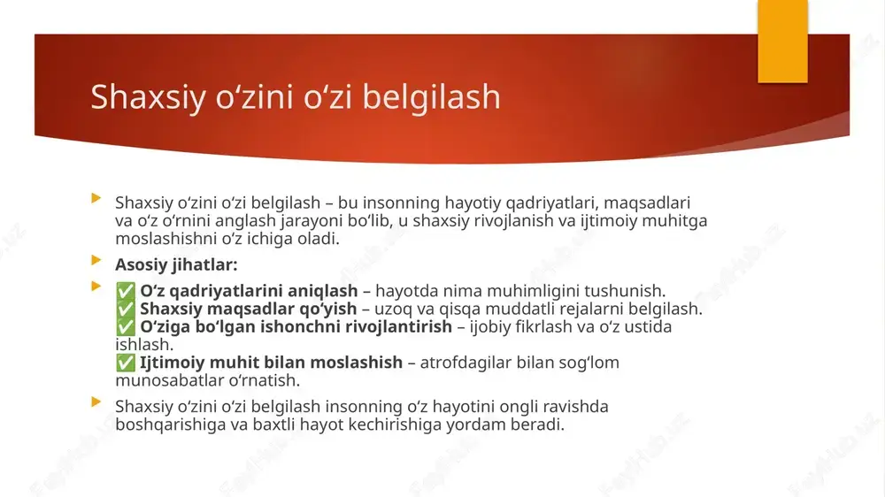 amiyatning ta’siri. ✅ stress va bosimga bardoshlilik – muammolarni hal qilish qobiliyati. bu omillar insonning shaxsiy va kasbiy hayotini shakllantirishda muhim ahamiyatga ega. o‘zini o‘zi takomillashtirishda to‘siqlar o‘zini o‘zi takomillashtirish jarayonida turli ichki va tashqi to‘siqlar yuzaga kelishi mumkin. ularni aniqlash va yengish rivojlanish uchun muhimdir. asosiy to‘siqlar: ✅ motivatsiyaning yetishmasligi – maqsadsizlik va dangasalik. ✅ qo‘rquv va ishonchsizlik – muvaffaqiyatsizlikdan qo‘rqish. ✅ vaqt yetishmovchiligi – noto‘g‘ri rejalashtirish. ✅ atrof-muhit ta’siri – salbiy fikrlar va qo‘llab-quvvatlashning yo‘qligi. ✅ muvaffaqiyatsizlikni qabul qilmaslik – xatolardan saboq olmaslik. bu to‘siqlarni yengish uchun intizom, ijobiy fikrlash va aniq strategiyalar muhim ahamiyatga ega. zamonaviy texnologiyalar va o‘zini o‘zi takomillashtirish zamonaviy texnologiyalar o‘zini o‘zi takomillashtirish jarayonini osonlashtirib, bilim va ko‘nikmalarni rivojlantirish uchun keng imkoniyatlar yaratadi. asosiy texnologik vositalar: ✅ onlayn kurslar va platformalar – coursera, udemy, khan academy. ✅ mobil ilovalar – til o‘rganish, vaqtni boshqarish va mental salomatlik uchun. ✅ elektron kitoblar va audiokitoblar – …