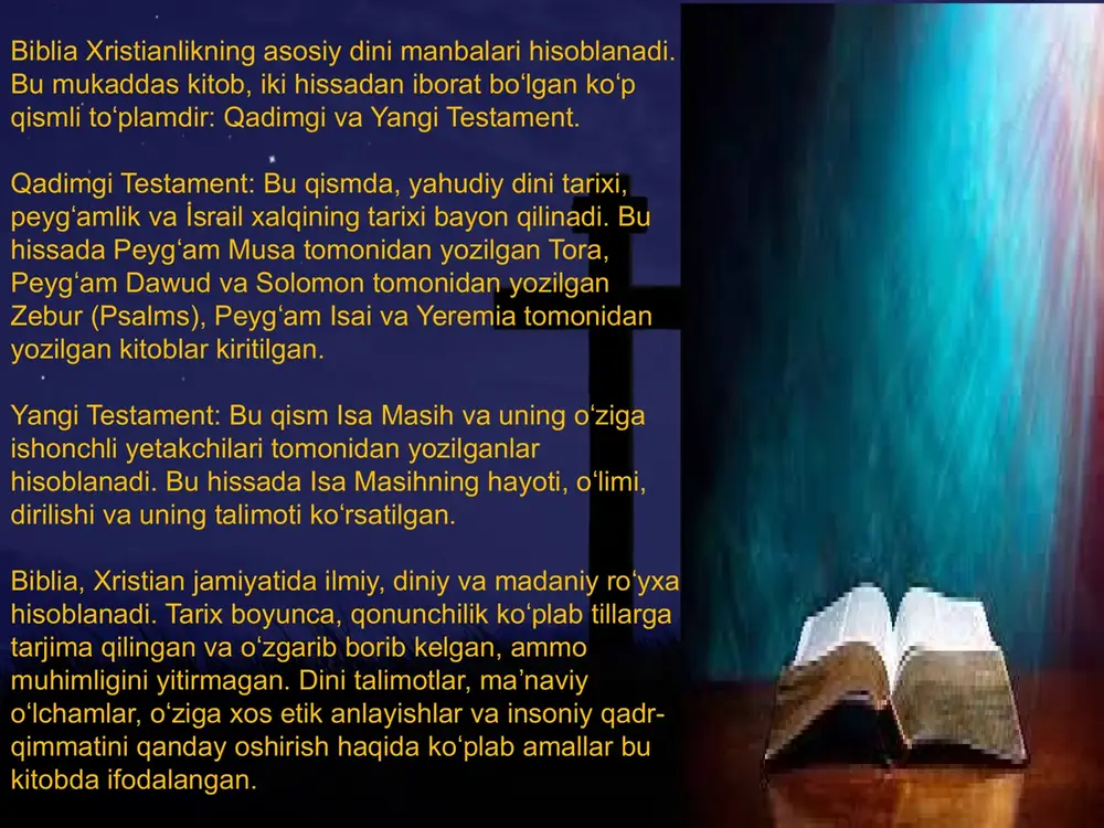 "ahd" ʻ so zi xudoning insonlar bilan maxsus aloqasini ʻ ifodalaydi. qadimgi ahd yahudiylikda ham, xristianlikda ham muqaddas sanaladigan va eng qad. davrlarda yaratilgan diniy adabiyotlardan, yangi ahd esa faqat xristianlar muqaddas deb biladigan, ular dini shakllanishiga aloqador diniy asarlardan iborat. mazkur dinlarning aqidalariga binoan, b.— xudoning kalomi, barcha insonlarga yo llangan, dunyo va odamzodning paydo bo lishi ʻ ʻ va oxirat sirini ochib beruvchi muqaddas kitobidir. xristianlikda rivojlanayotgan ibodat va amaliyoti xristianlikda ibodat va amaliyotlar, diniy jamiyatning ruhiy taraqqiyoti va diniy faoliyatlar uchun muhim ahamiyatga ega. bu ibodatlar va amaliyotlar, ma naviyatni kuchaytirish, ʼ imonni mustahkamlash, insonlar orasidagi do stlik, sevgi va rahmatni kengaytirishga ʻ yo naltirilgan. xristian jamiyatida ko plab turdagi ibodat va amaliyotlar mavjud:ʻ ʻ molitva (duolar): duolar, shukr-guzori, talablar, yordam so ralishi va yaratganni ʻ yaxshiliklariga, umuman, yaratgandan ne'matlar uchun so raladigan o zgaruvchan ʻ ʻ amaldir. maraqish (dini bayramlar): xristian jamiyatida krisht həyatını, ölümünü, qiyamətini …